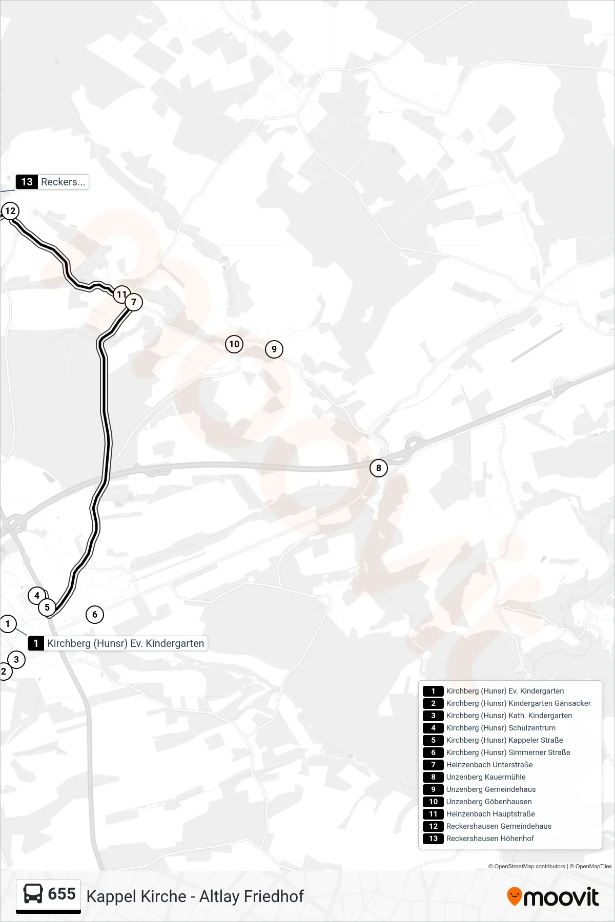 655 bus Line (Reckershausen Höhenhof) route and stops on a map