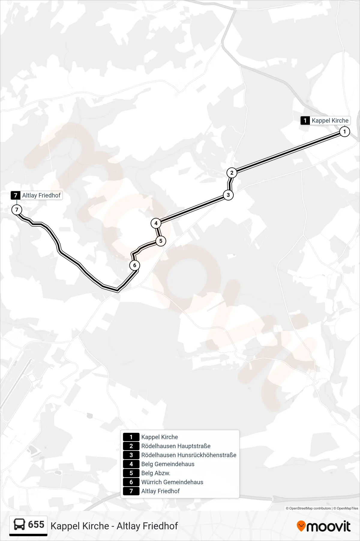 655 bus Line (Altlay Friedhof) route and stops on a map