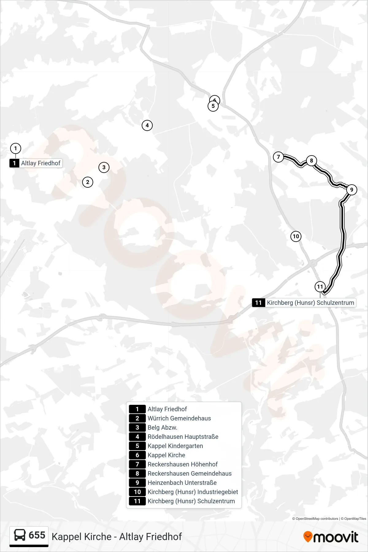 Linie 655 (Bus) Richtung Kirchberg (Hunsr) Schulzentrum: Route und Haltestellen auf der Karte