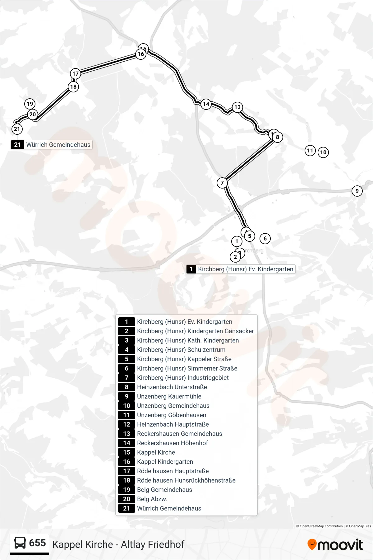 655 bus Line (Würrich Gemeindehaus) route and stops on a map