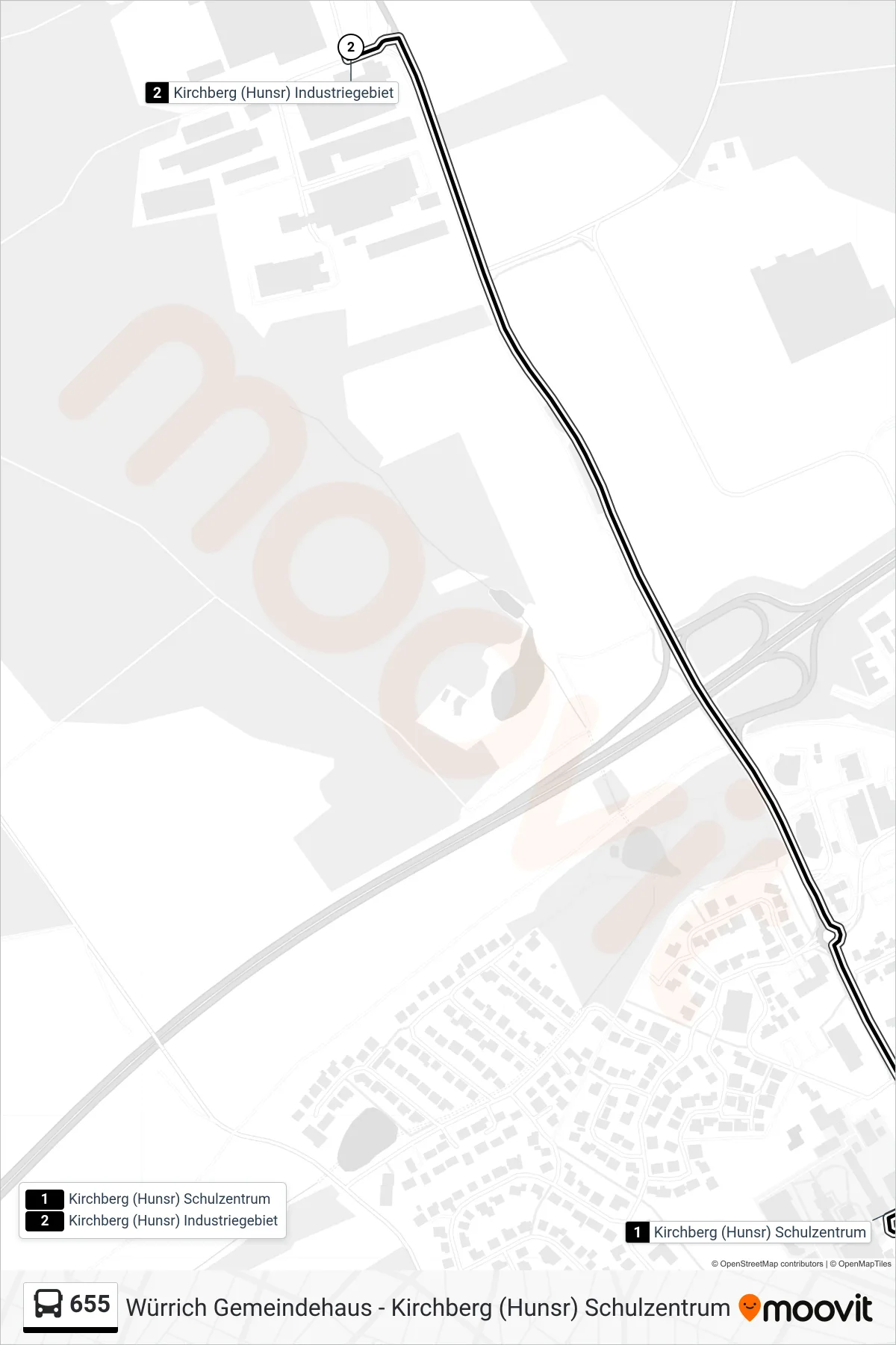 Linie 655 (Bus) Richtung Kirchberg (Hunsr) Industriegebiet: Route und Haltestellen auf der Karte