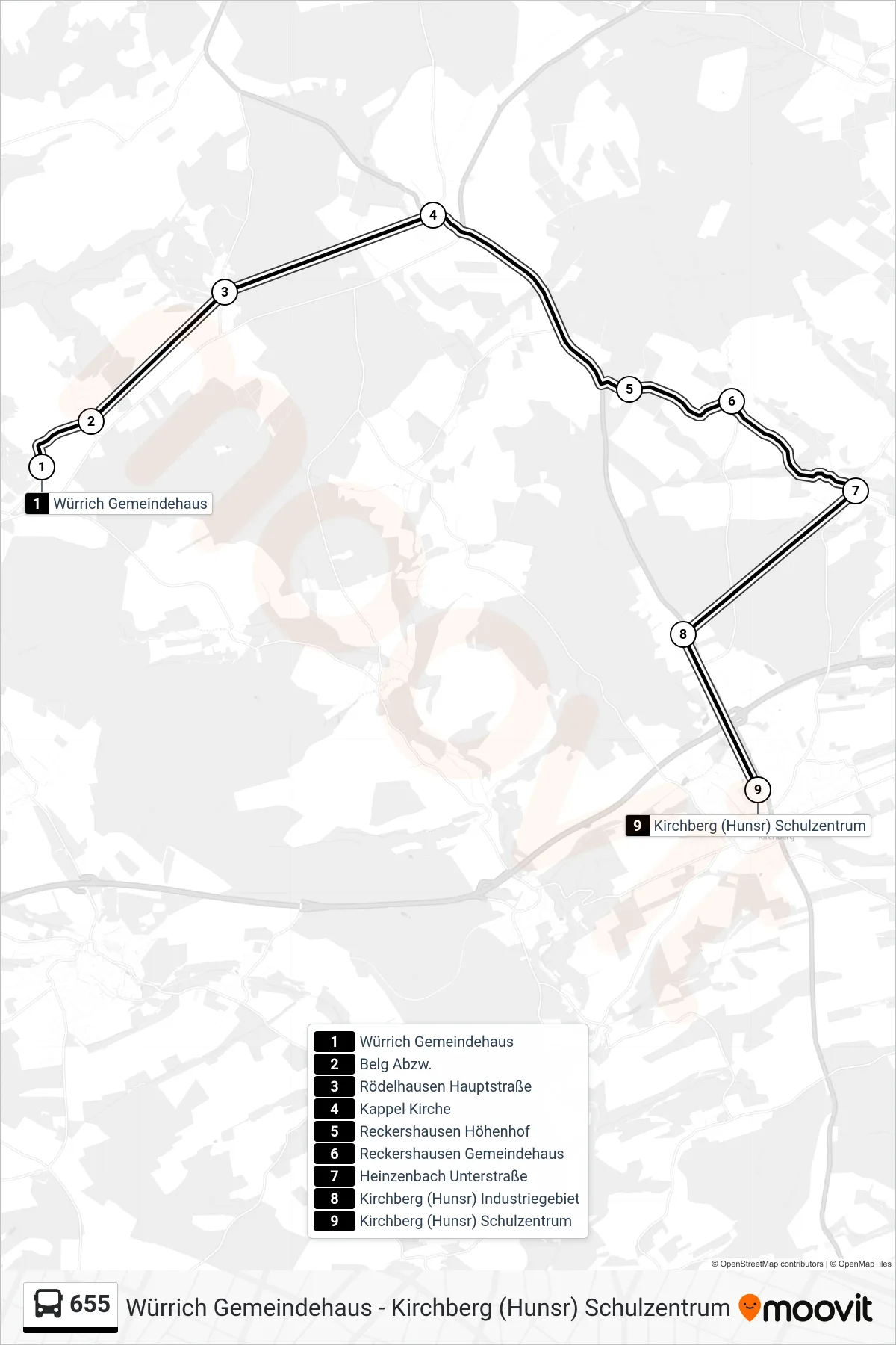 Linie 655 (Bus) Richtung Kirchberg (Hunsr) Schulzentrum: Route und Haltestellen auf der Karte