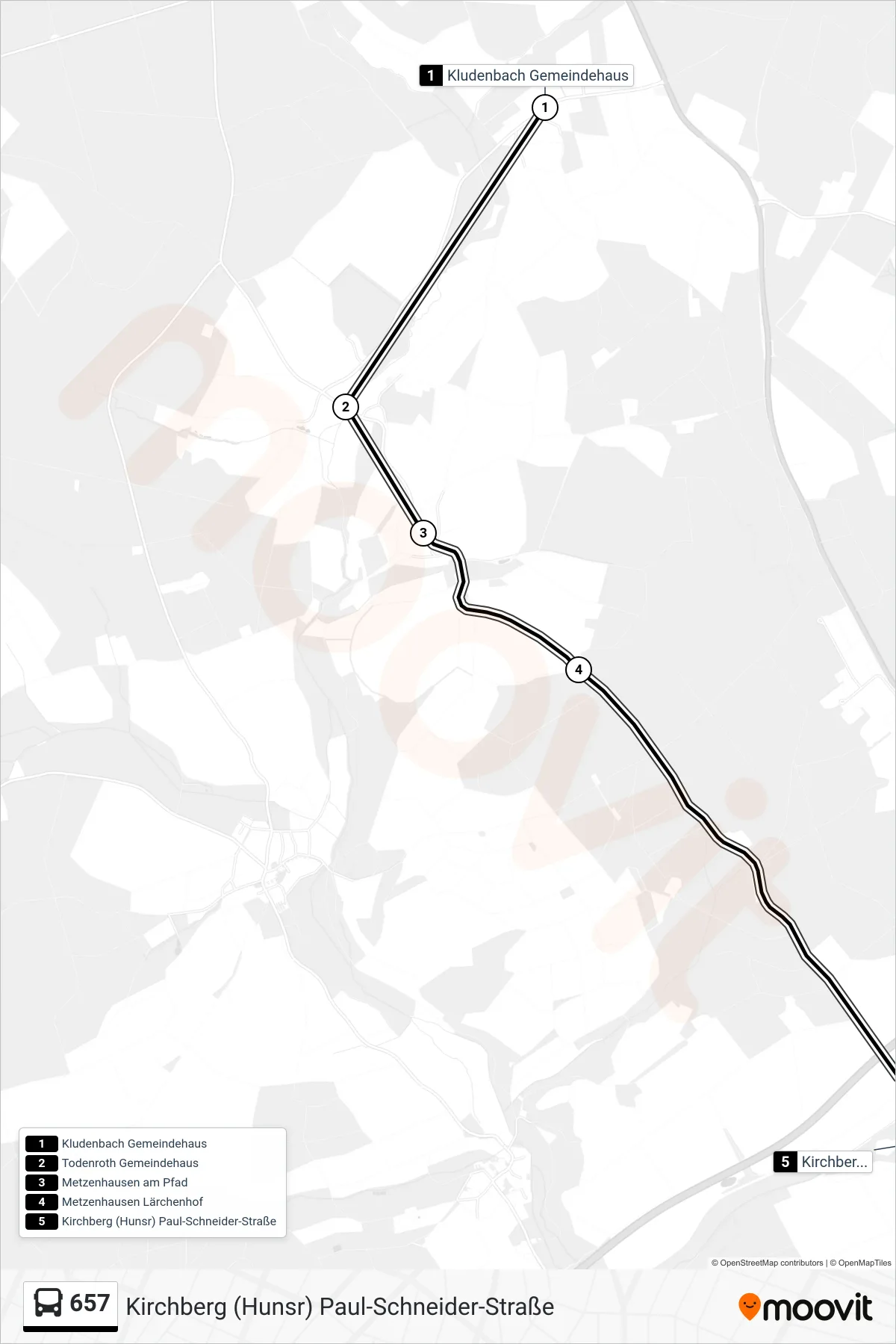 657 bus Line (Kirchberg (Hunsr) Paul-Schneider-Straße) route and stops on a map