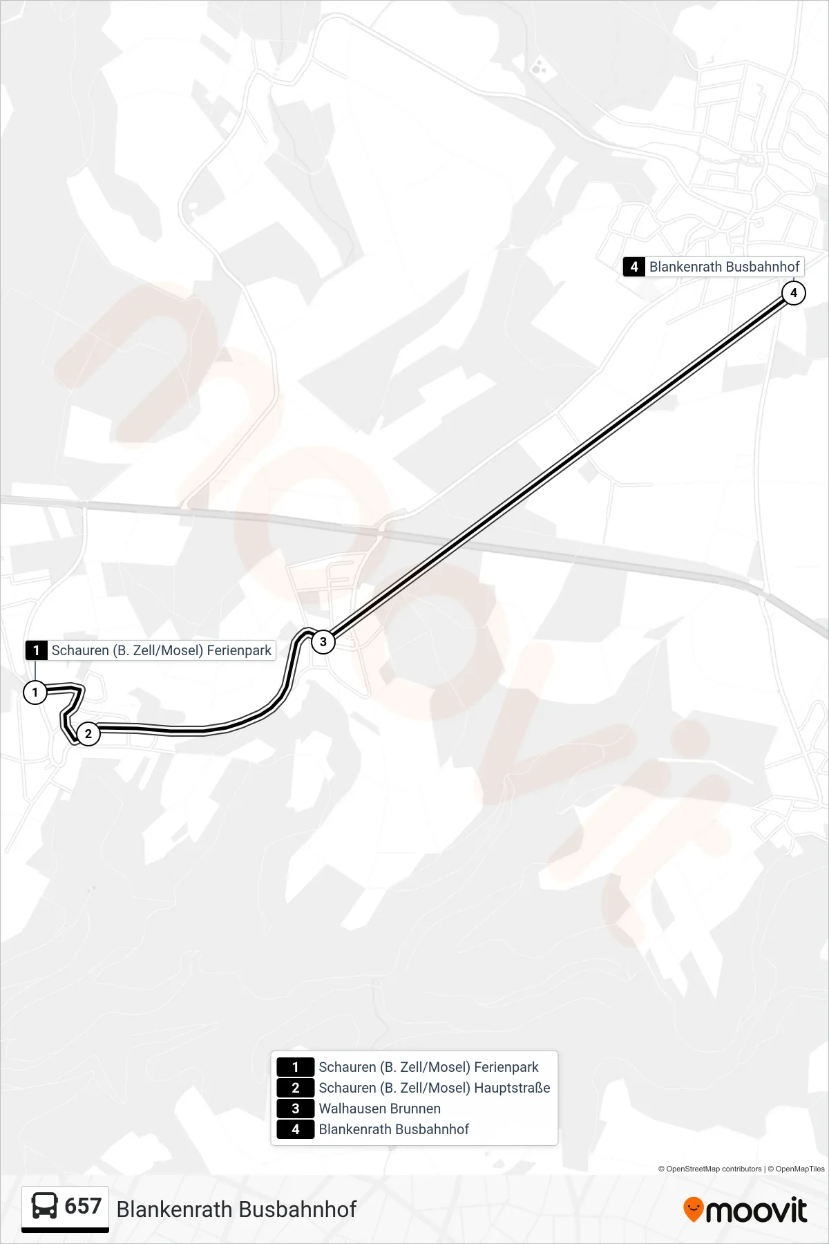 657 bus Line (Blankenrath Busbahnhof) route and stops on a map