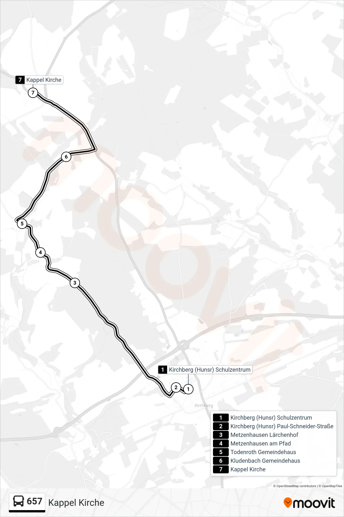 657 bus Line (Kappel Kirche) route and stops on a map