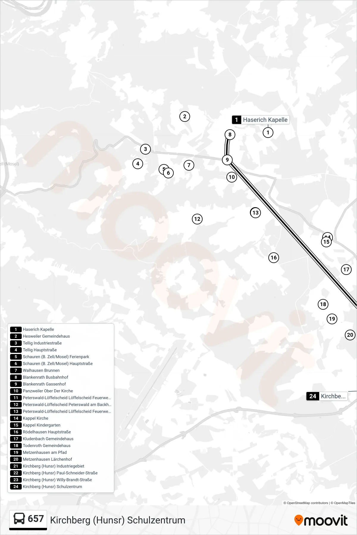 657 bus Line (Kirchberg (Hunsr) Schulzentrum) route and stops on a map