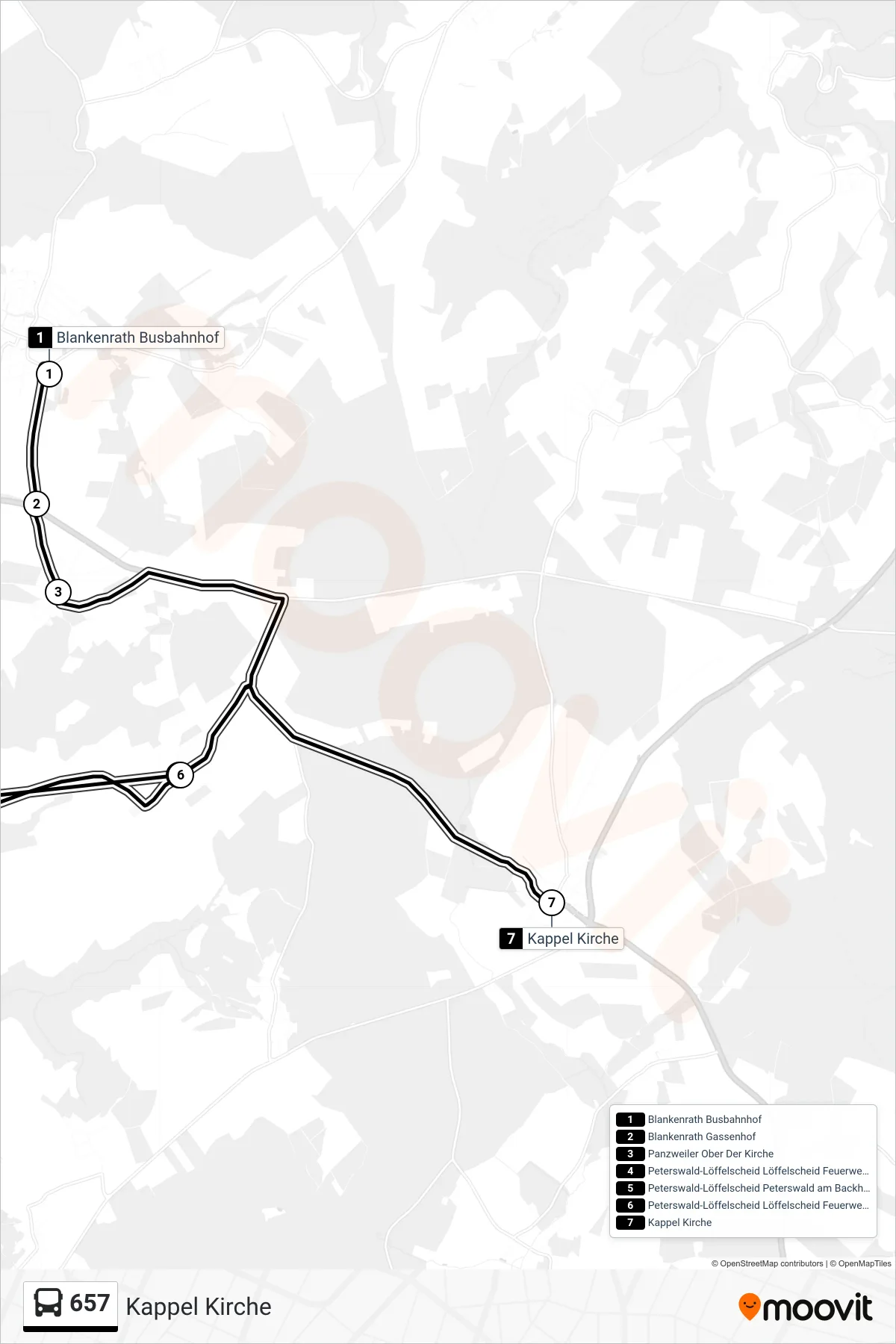 657 bus Line (Kappel Kirche) route and stops on a map