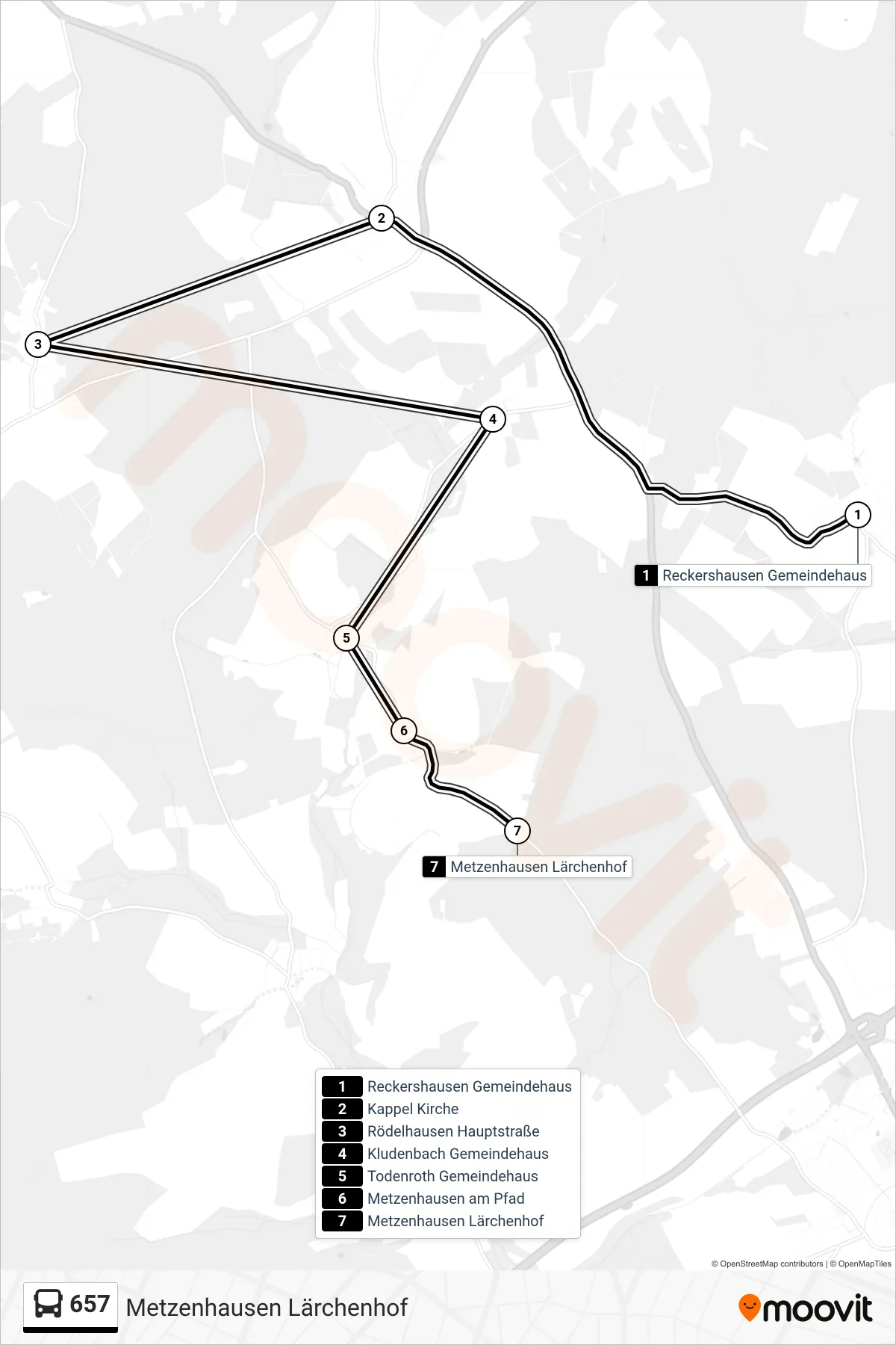 657 bus Line (Metzenhausen Lärchenhof) route and stops on a map