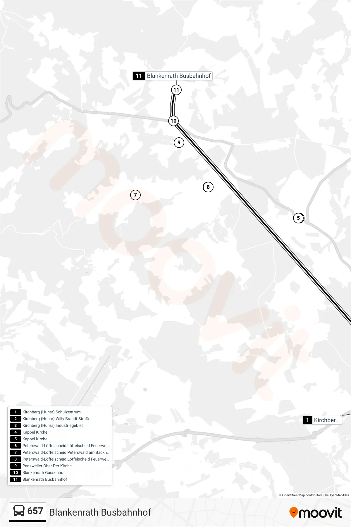 657 bus Line (Blankenrath Busbahnhof) route and stops on a map