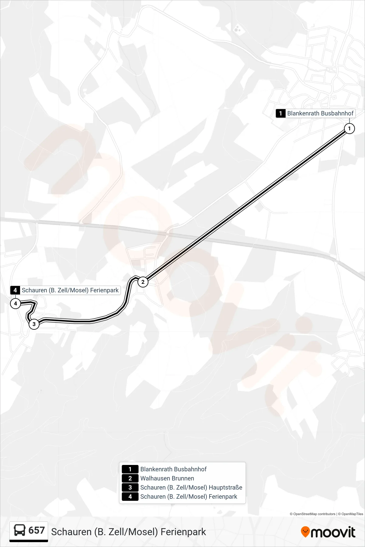 657 bus Line (Schauren (B. Zell/Mosel) Ferienpark) route and stops on a map