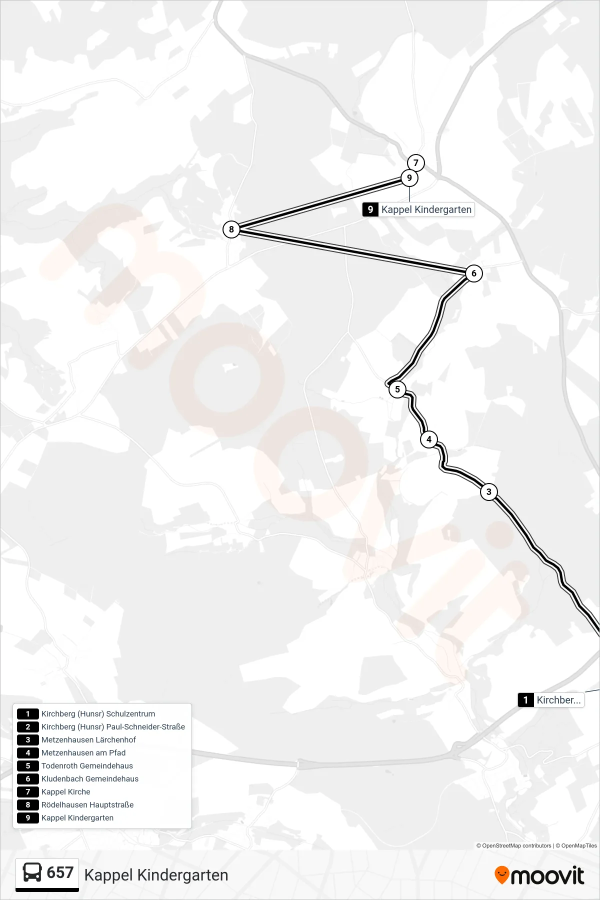 657 bus Line (Kappel Kindergarten) route and stops on a map