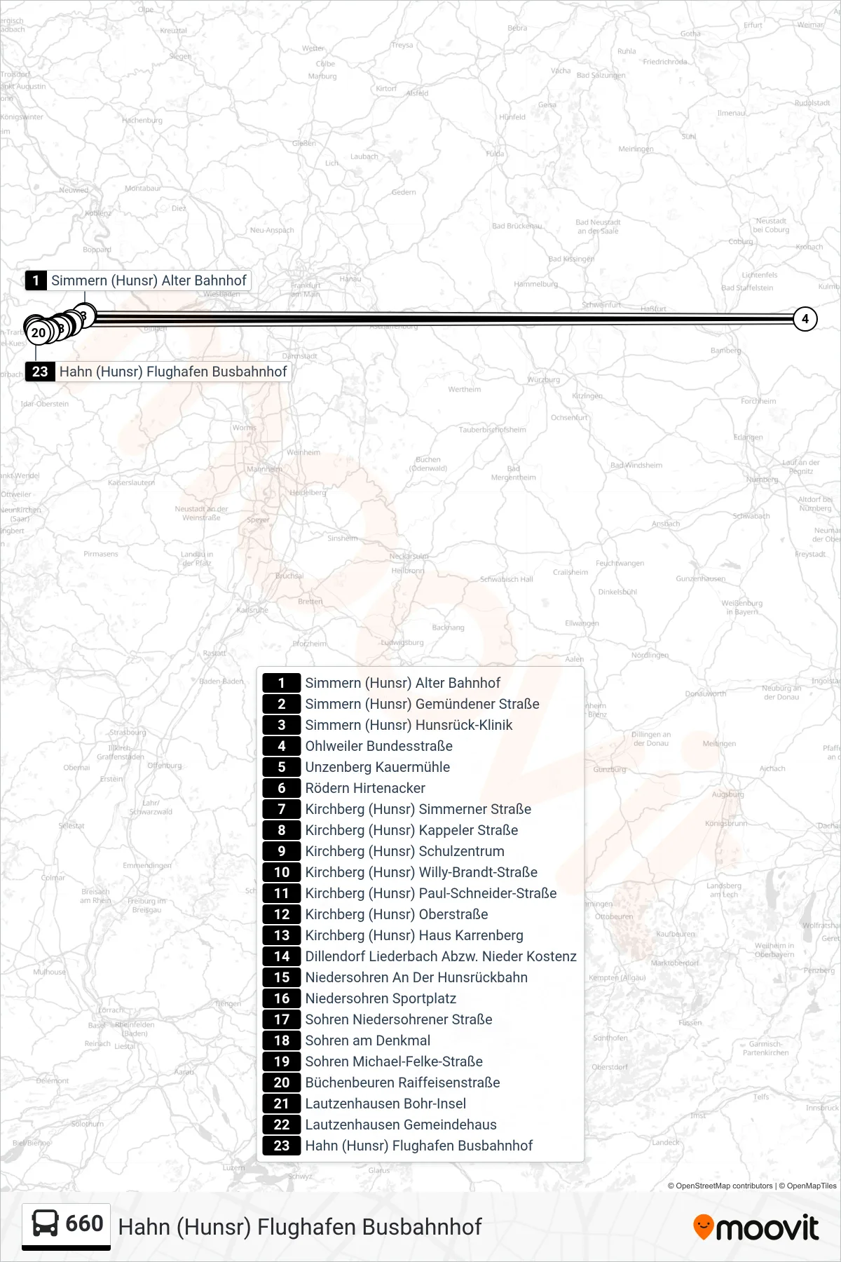 660 bus Line (Hahn (Hunsr) Flughafen Busbahnhof) route and stops on a map