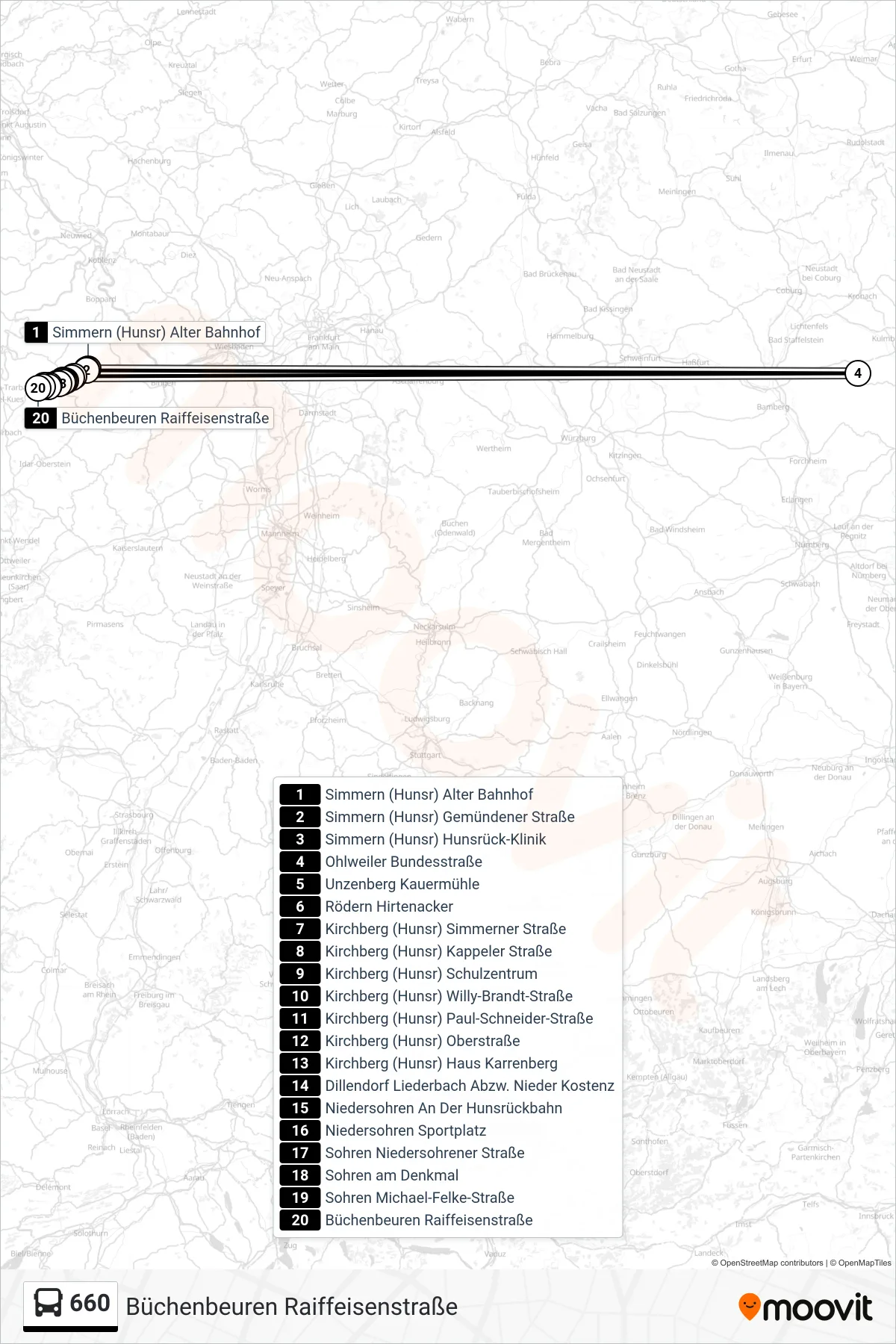 660 bus Line (Büchenbeuren Raiffeisenstraße) route and stops on a map