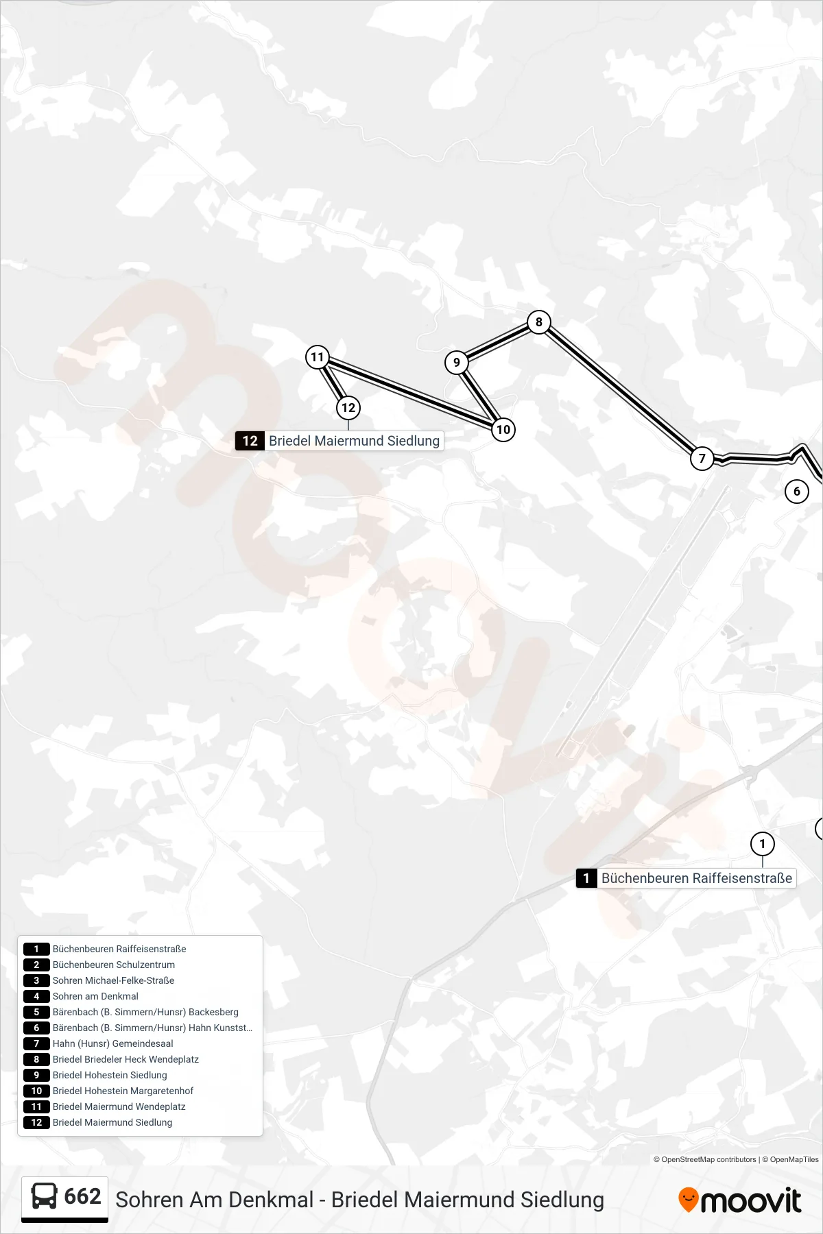 662 bus Line (Briedel Maiermund Siedlung) route and stops on a map