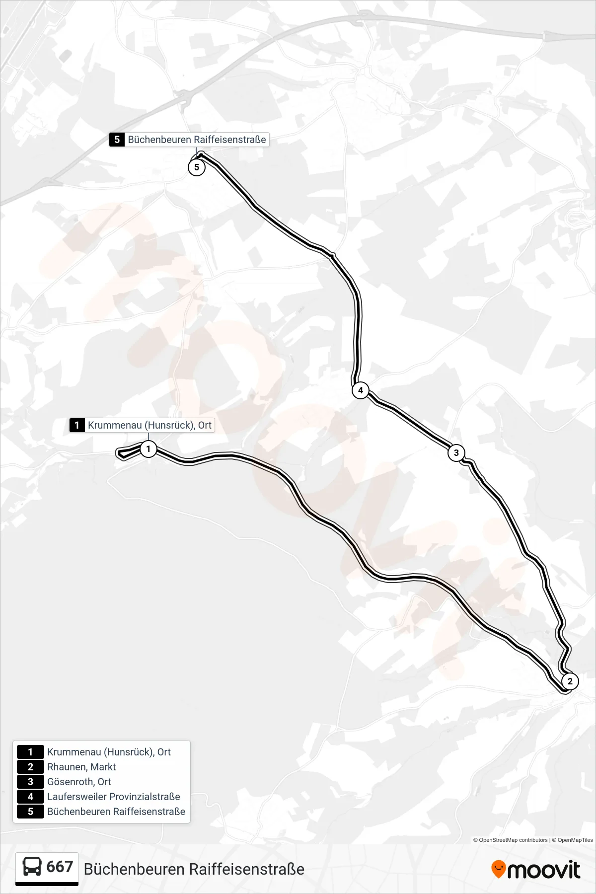 667 bus Line (Büchenbeuren Raiffeisenstraße) route and stops on a map