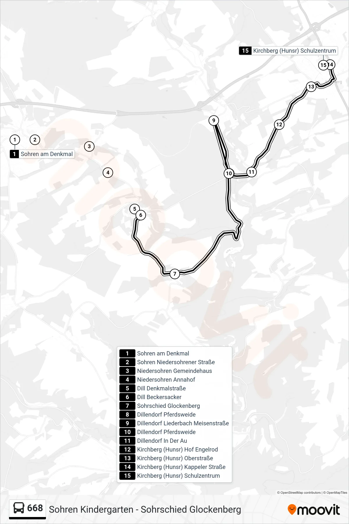 668 bus Line (Kirchberg (Hunsr) Schulzentrum) route and stops on a map