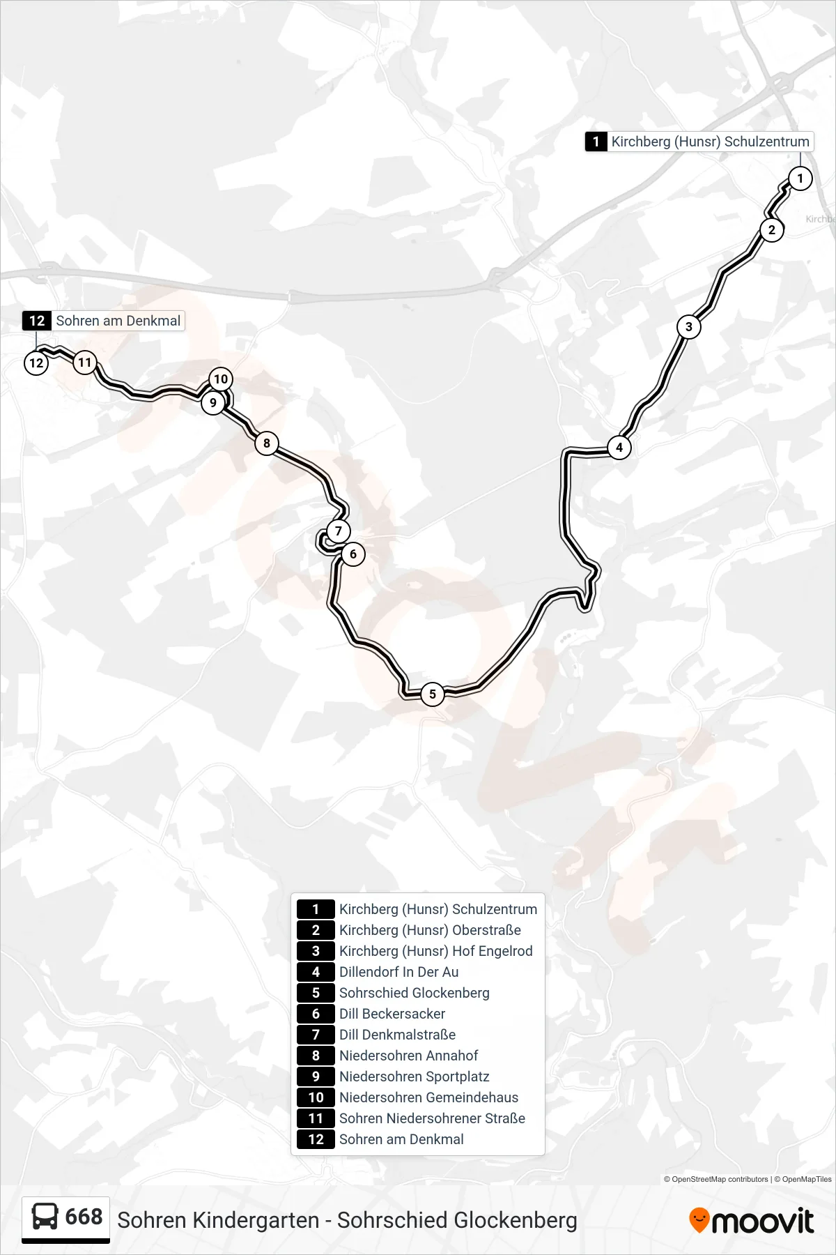 668 bus Line (Sohren am Denkmal) route and stops on a map