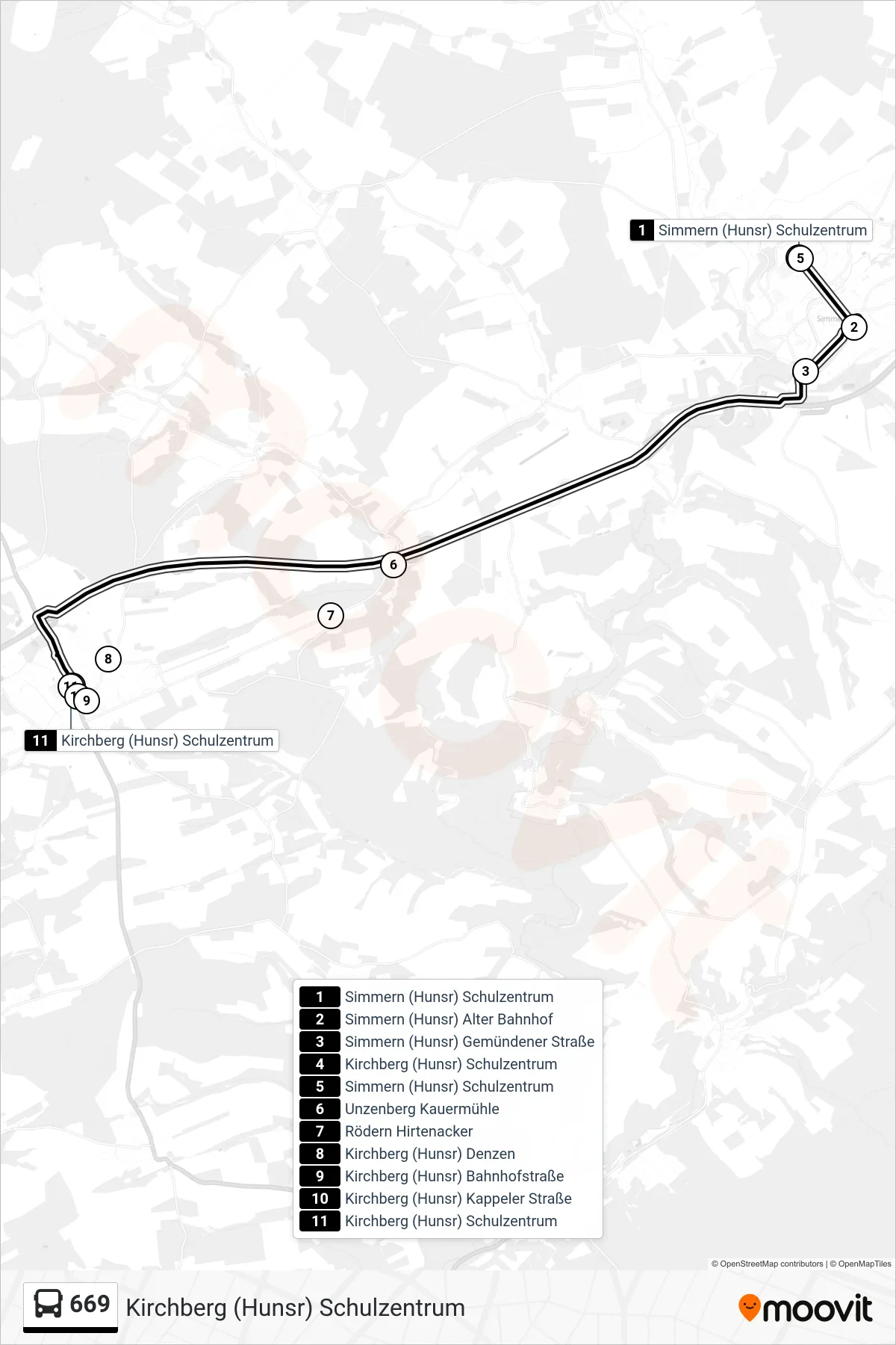 669 bus Line (Kirchberg (Hunsr) Schulzentrum) route and stops on a map