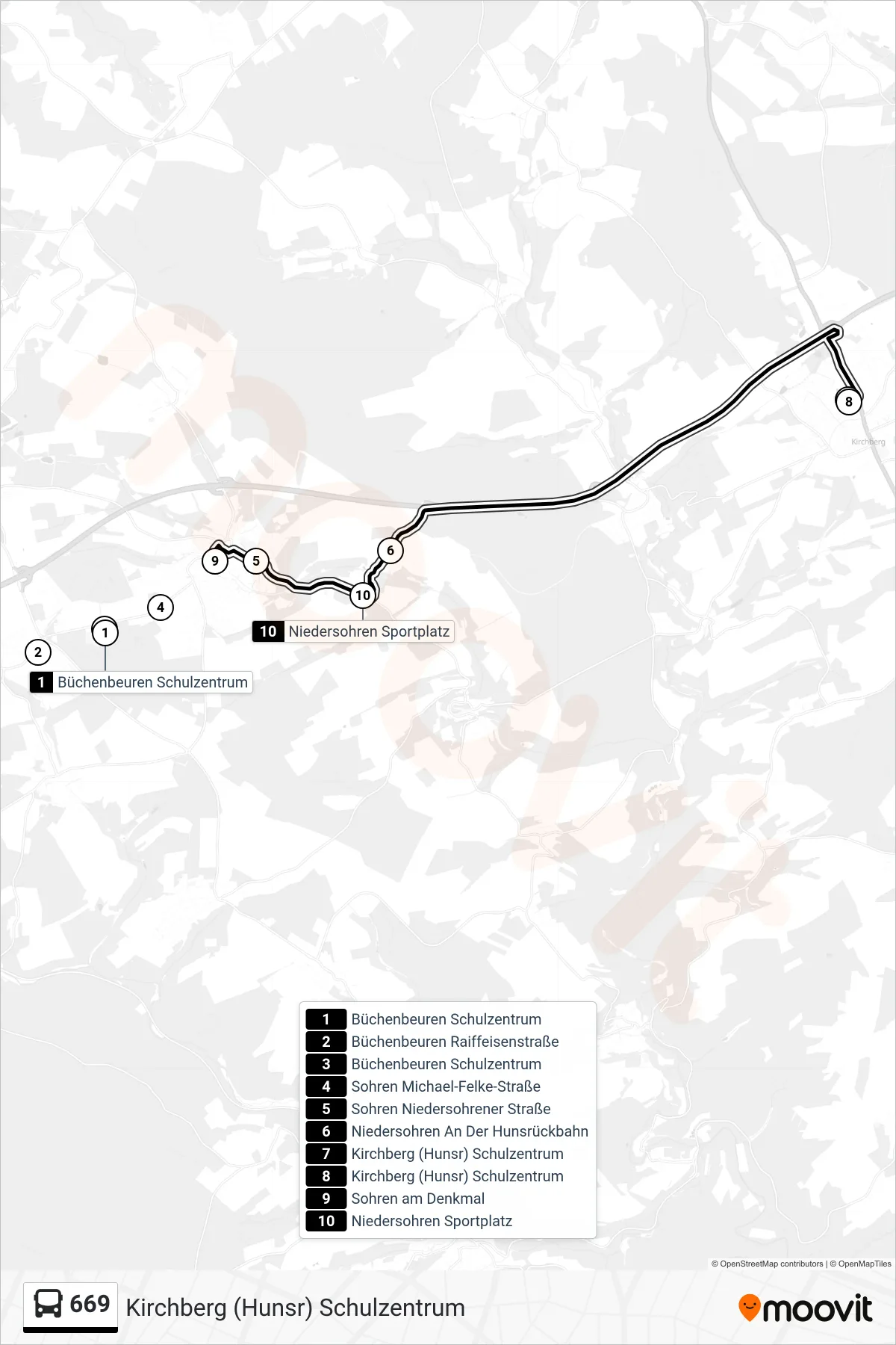 669 bus Line (Kirchberg (Hunsr) Schulzentrum) route and stops on a map