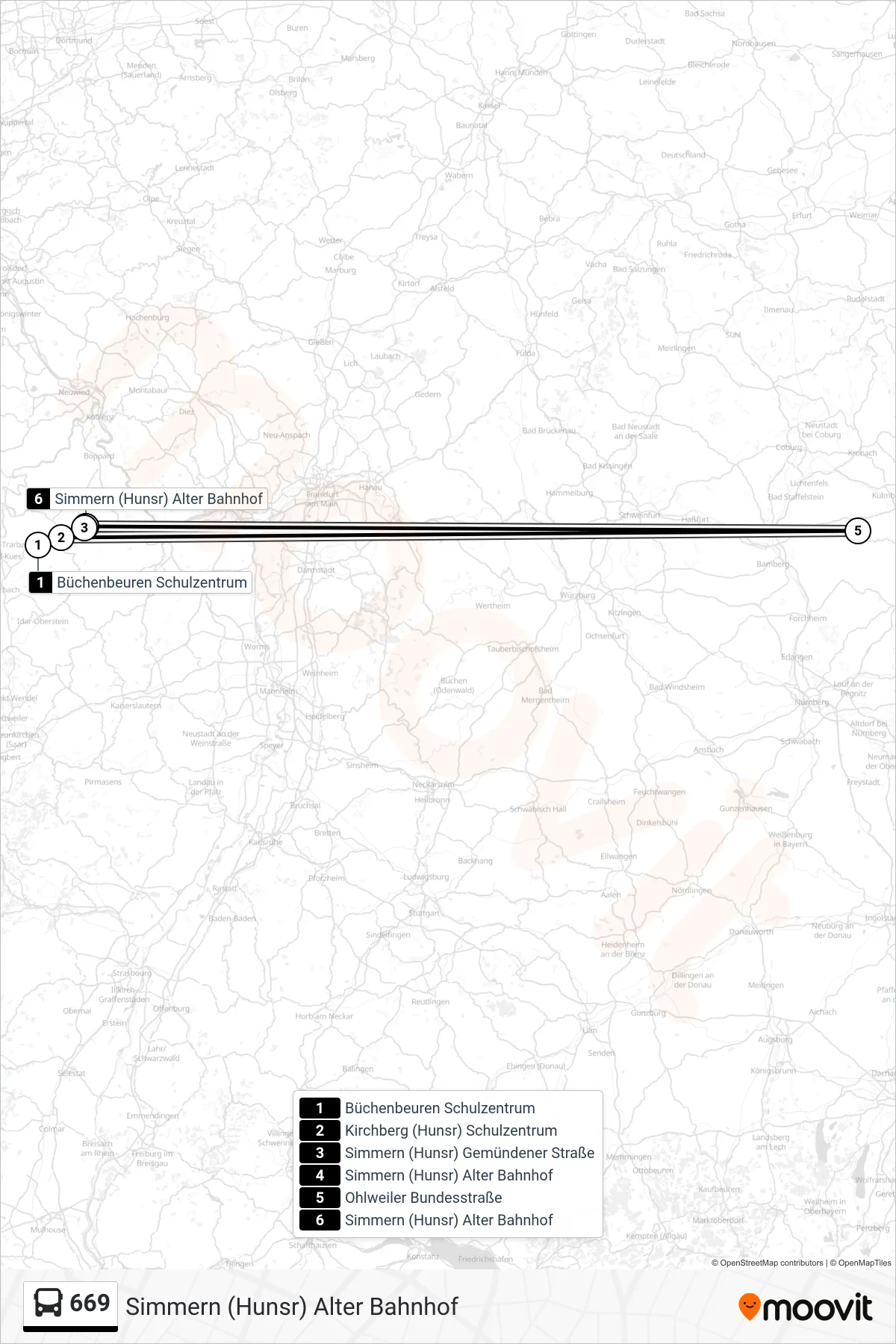 669 bus Line (Simmern (Hunsr) Alter Bahnhof) route and stops on a map