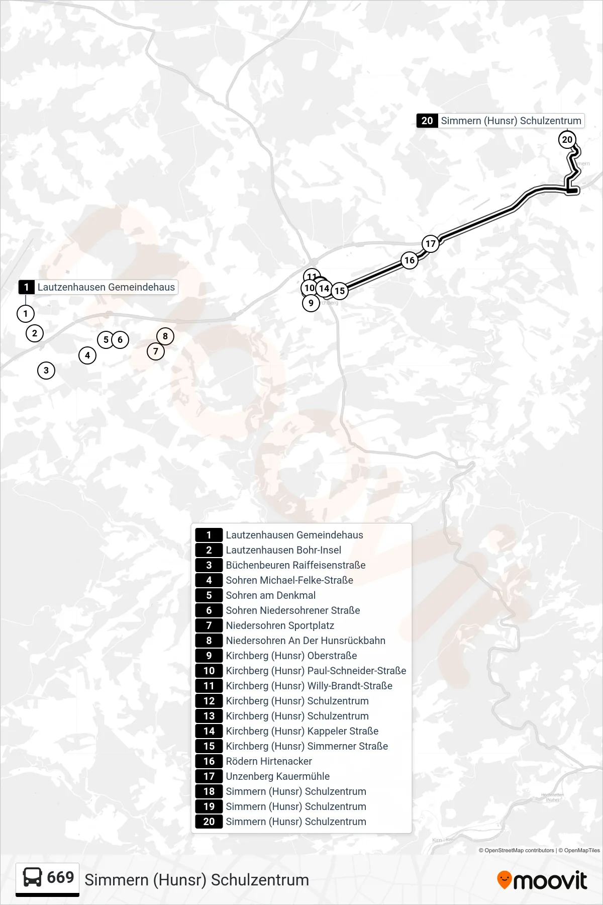 669 bus Line (Simmern (Hunsr) Schulzentrum) route and stops on a map