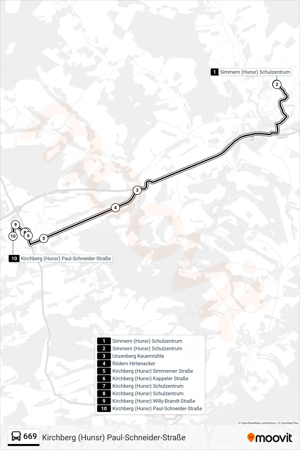 669 bus Line (Kirchberg (Hunsr) Paul-Schneider-Straße) route and stops on a map