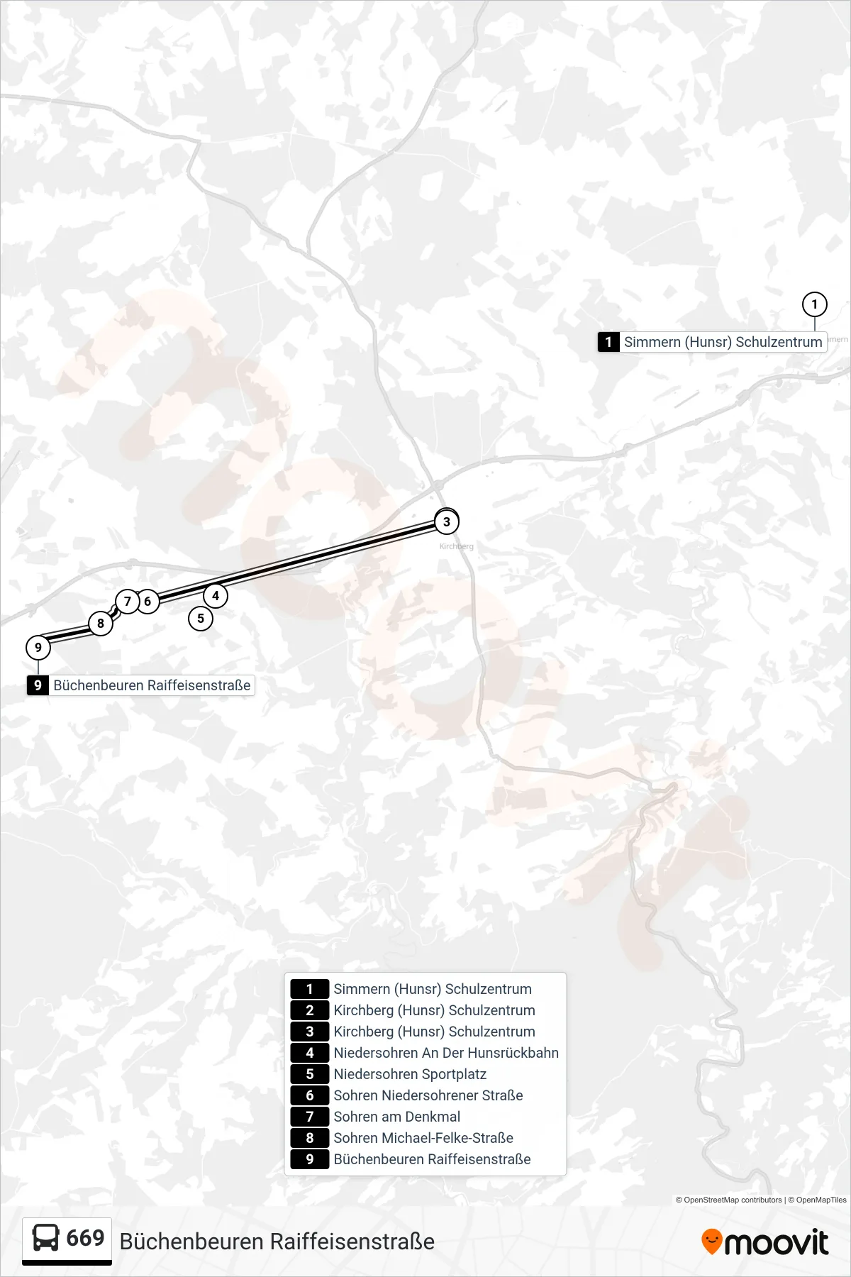 669 bus Line (Büchenbeuren Raiffeisenstraße) route and stops on a map