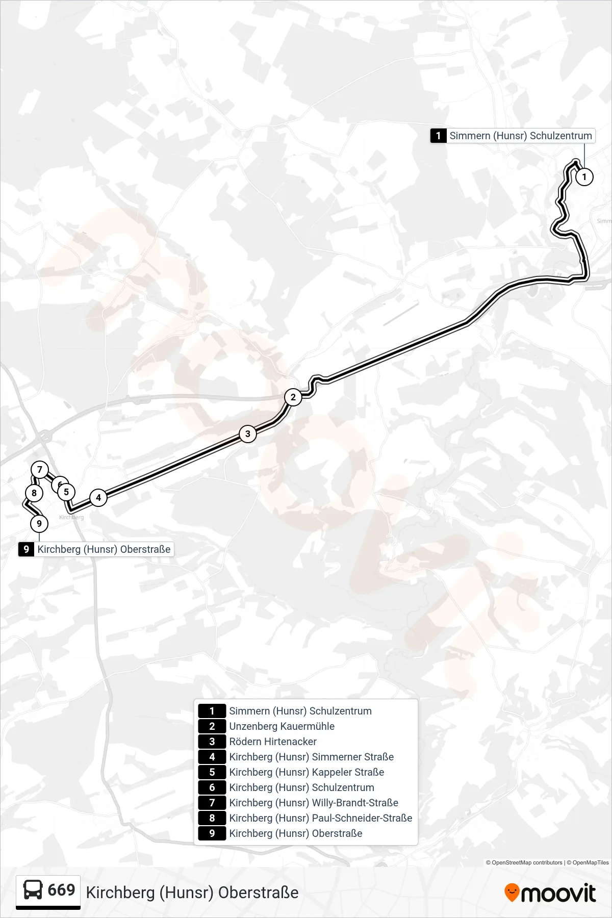 Linie 669 (Bus) Richtung Kirchberg (Hunsr) Oberstraße: Route und Haltestellen auf der Karte