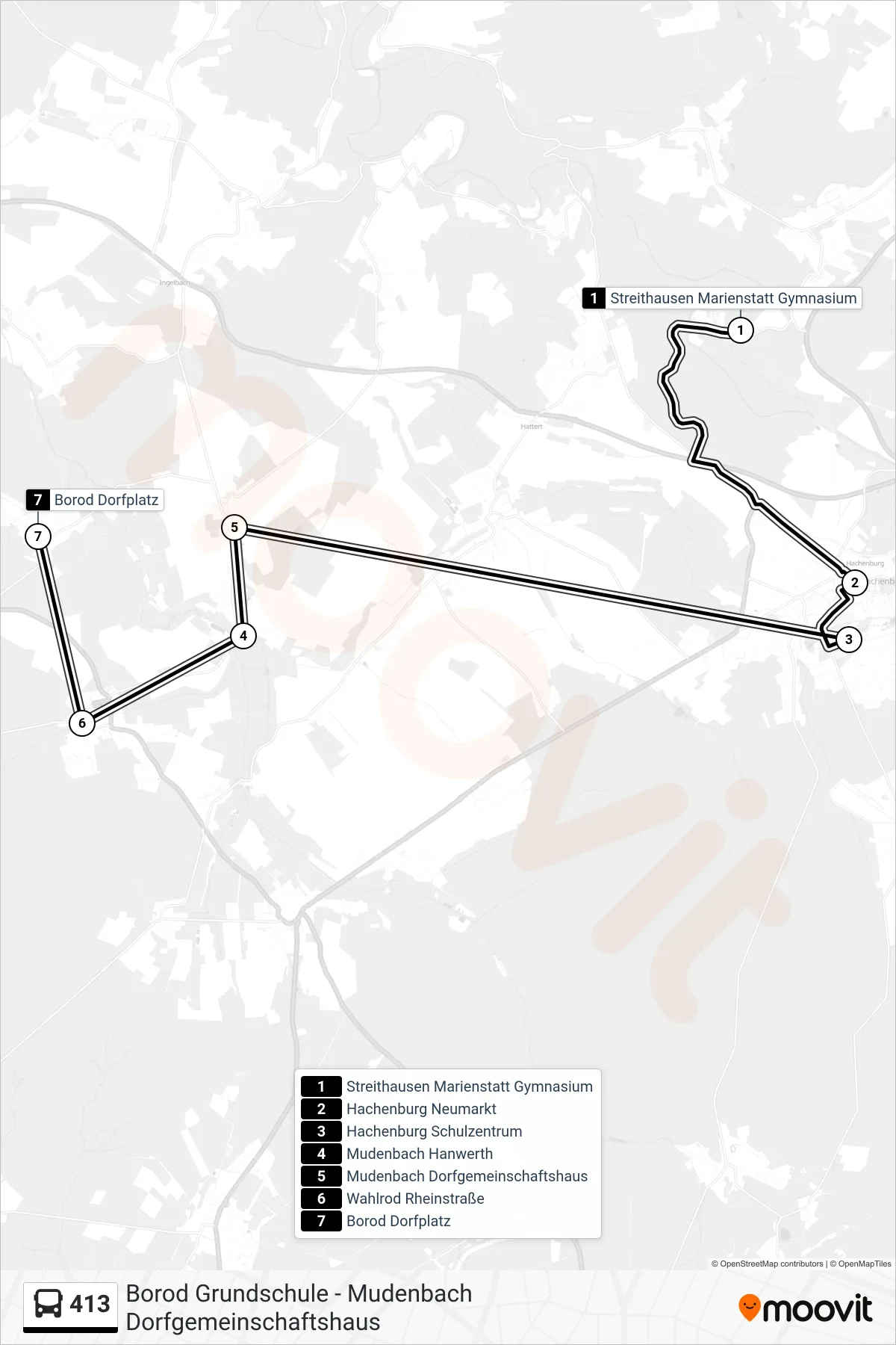 413 bus Line (Borod Dorfplatz) route and stops on a map
