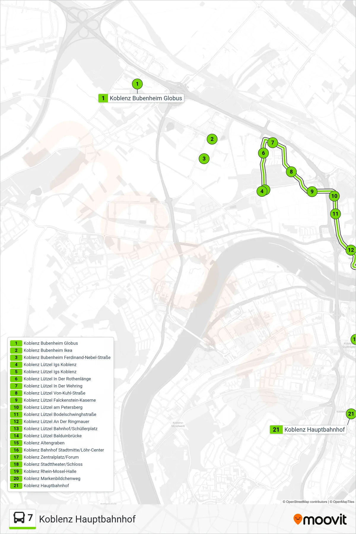Linie 7 (Bus) Richtung Koblenz Hauptbahnhof: Route und Haltestellen auf der Karte