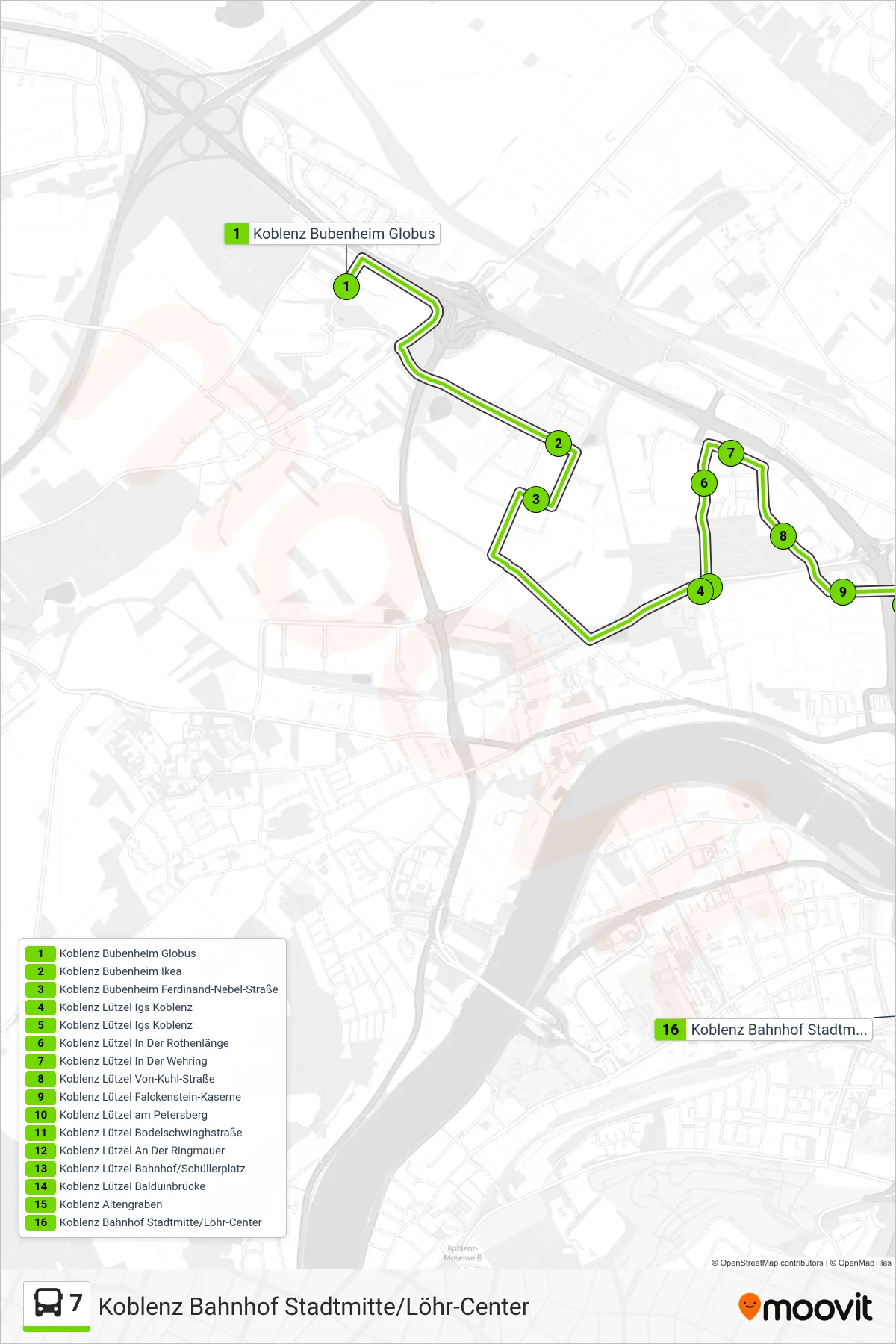 7 bus Line (Koblenz Bahnhof Stadtmitte/Löhr-Center) route and stops on a map