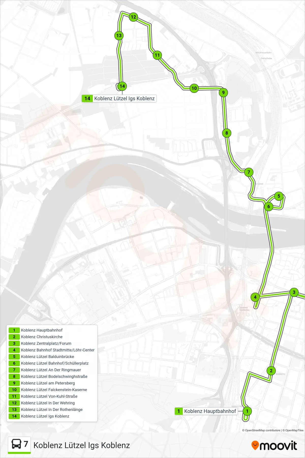 7 bus Line (Koblenz Lützel Igs Koblenz) route and stops on a map