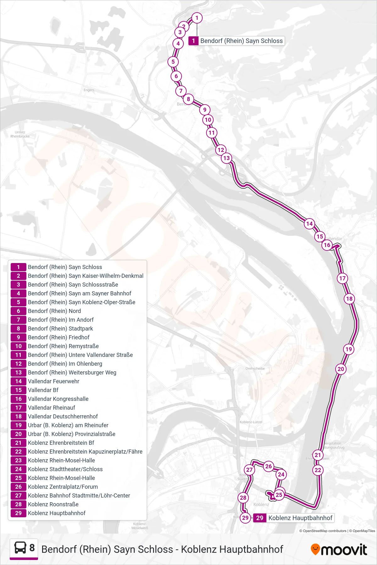 8 bus Line (Koblenz Hauptbahnhof) route and stops on a map