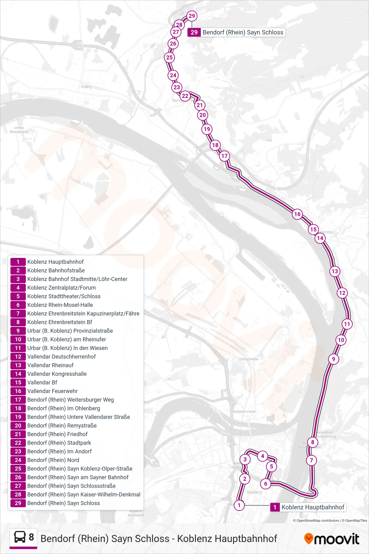 8 bus Line (Bendorf (Rhein) Sayn Schloss) route and stops on a map