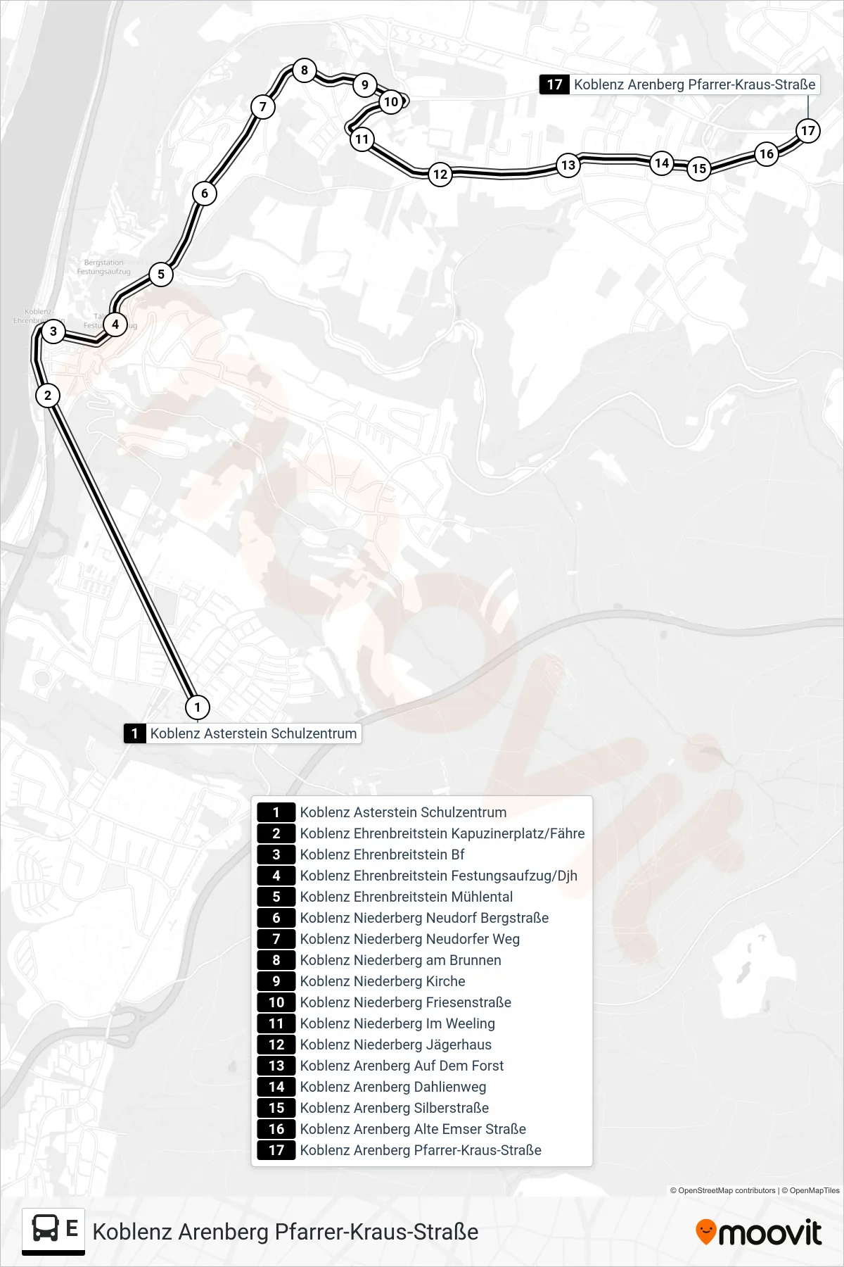 Linie E (Bus) Richtung Koblenz Arenberg Pfarrer-Kraus-Straße: Route und Haltestellen auf der Karte