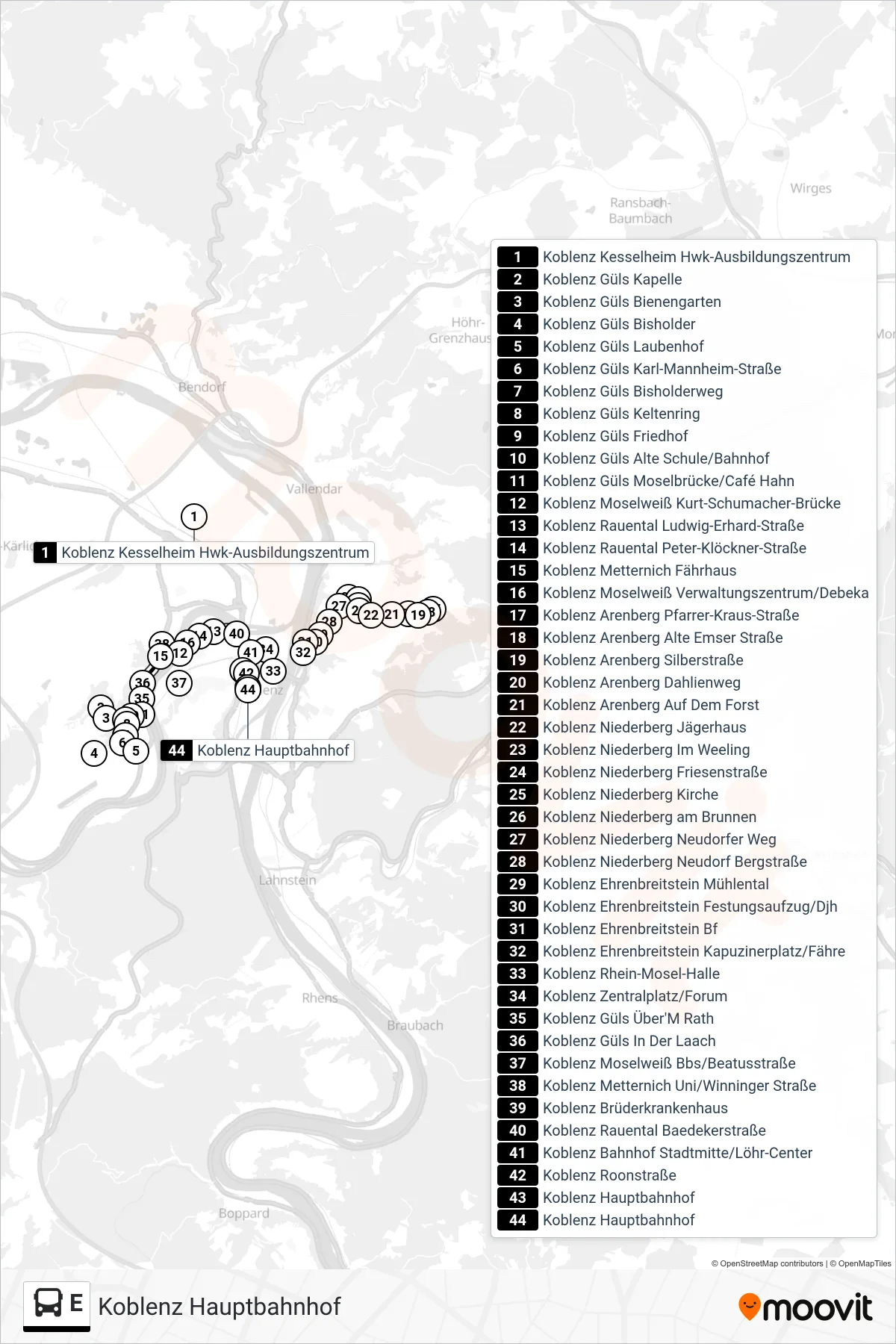 E bus Line (Koblenz Hauptbahnhof) route and stops on a map