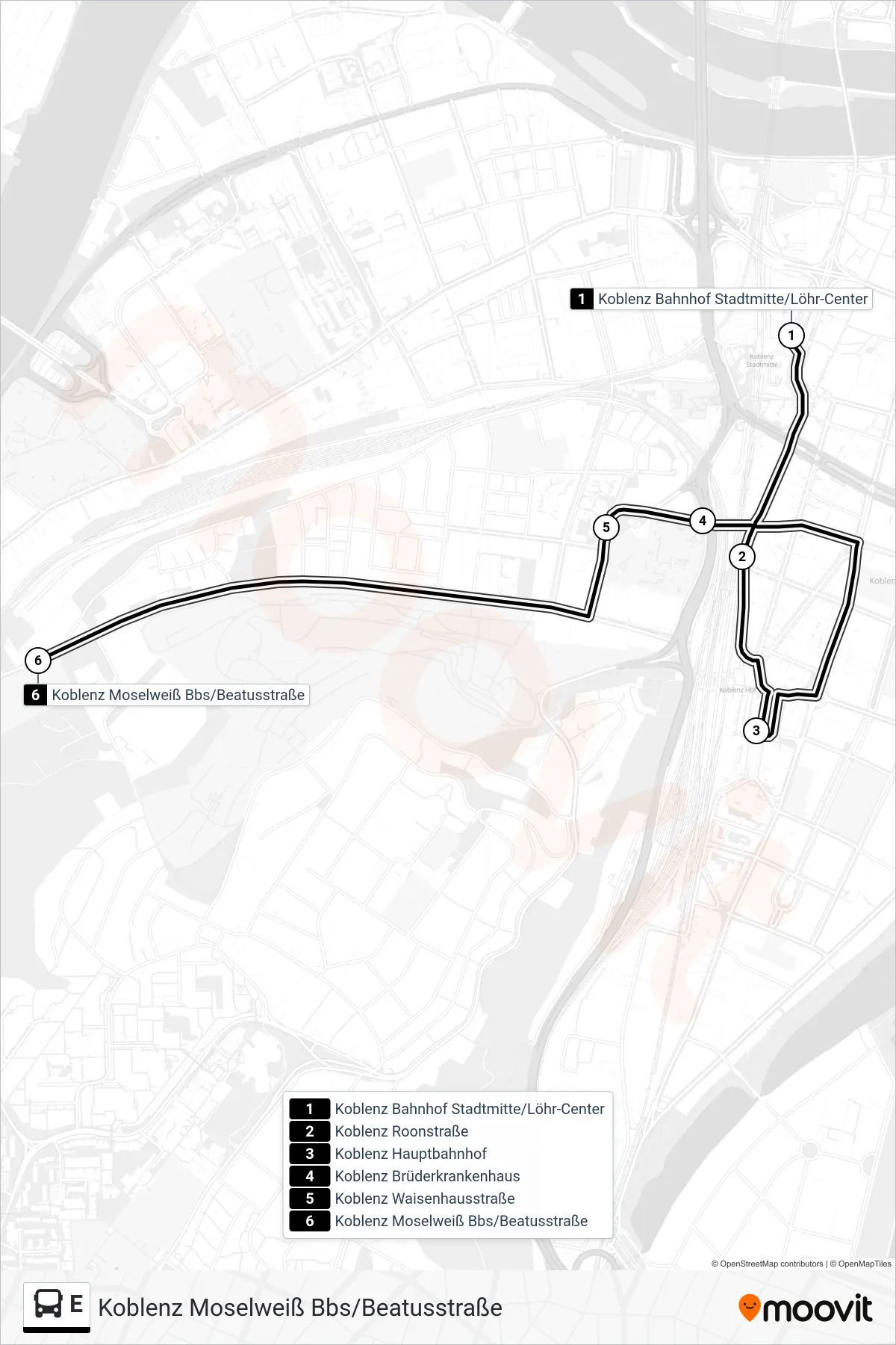 Linie E (Bus) Richtung Koblenz Moselweiß Bbs/Beatusstraße: Route und Haltestellen auf der Karte