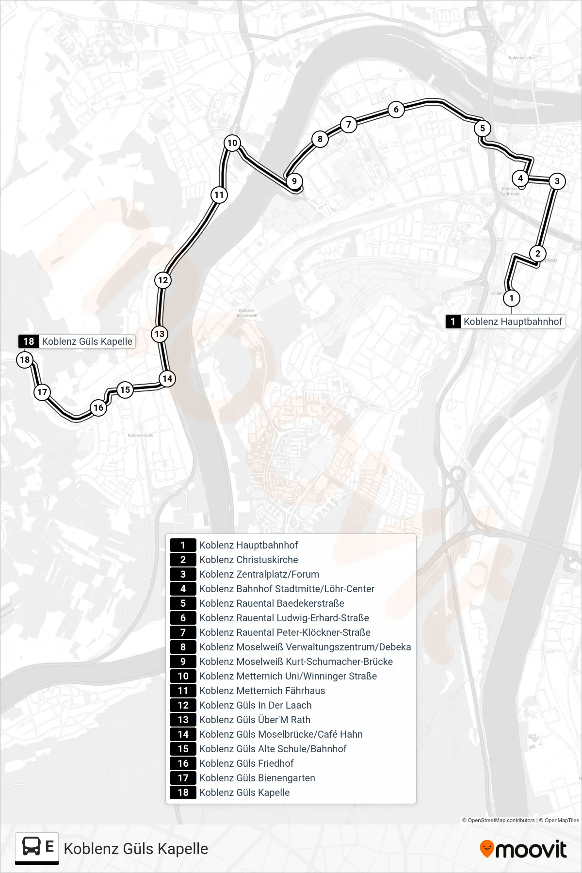 E bus Line (Koblenz Güls Kapelle) route and stops on a map