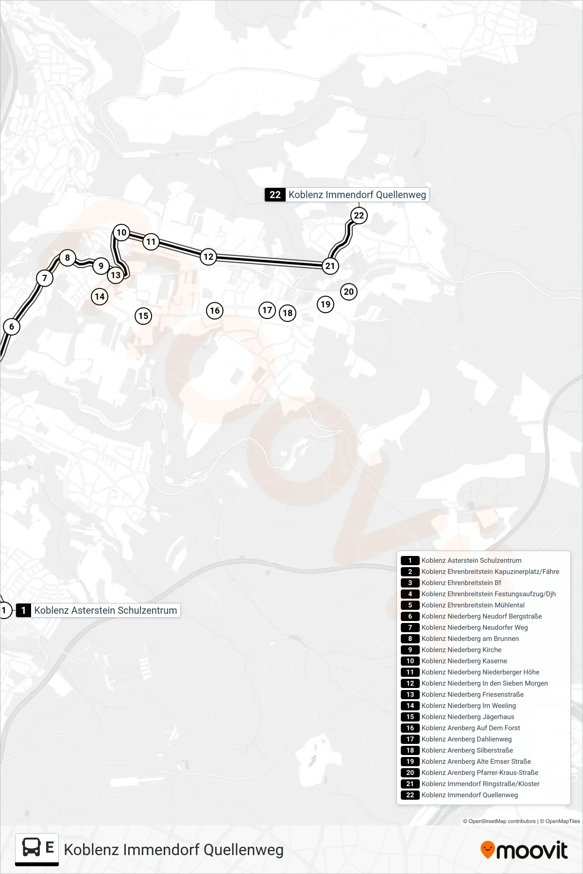 Linie E (Bus) Richtung Koblenz Immendorf Quellenweg: Route und Haltestellen auf der Karte