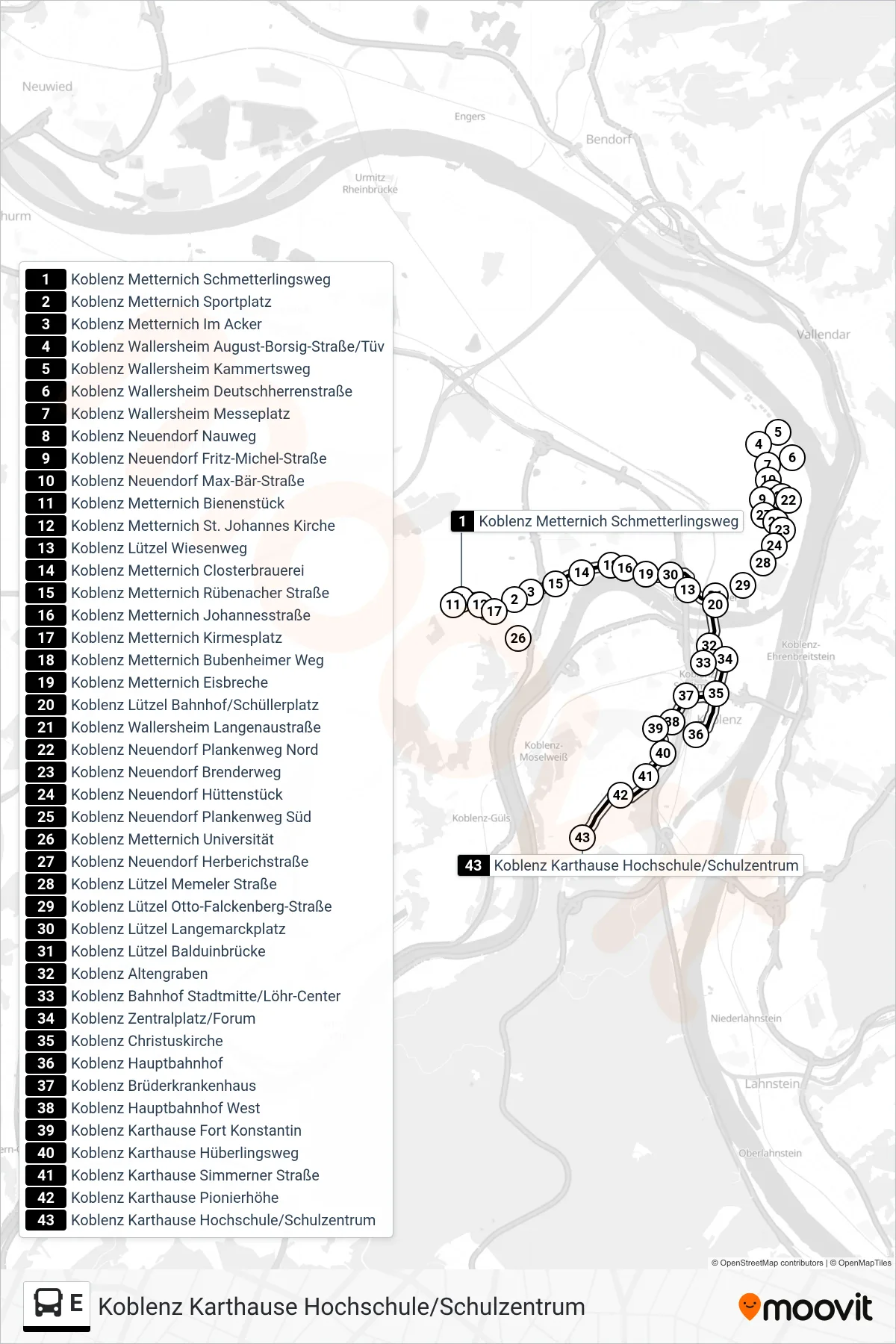 E bus Line (Koblenz Karthause Hochschule/Schulzentrum) route and stops on a map
