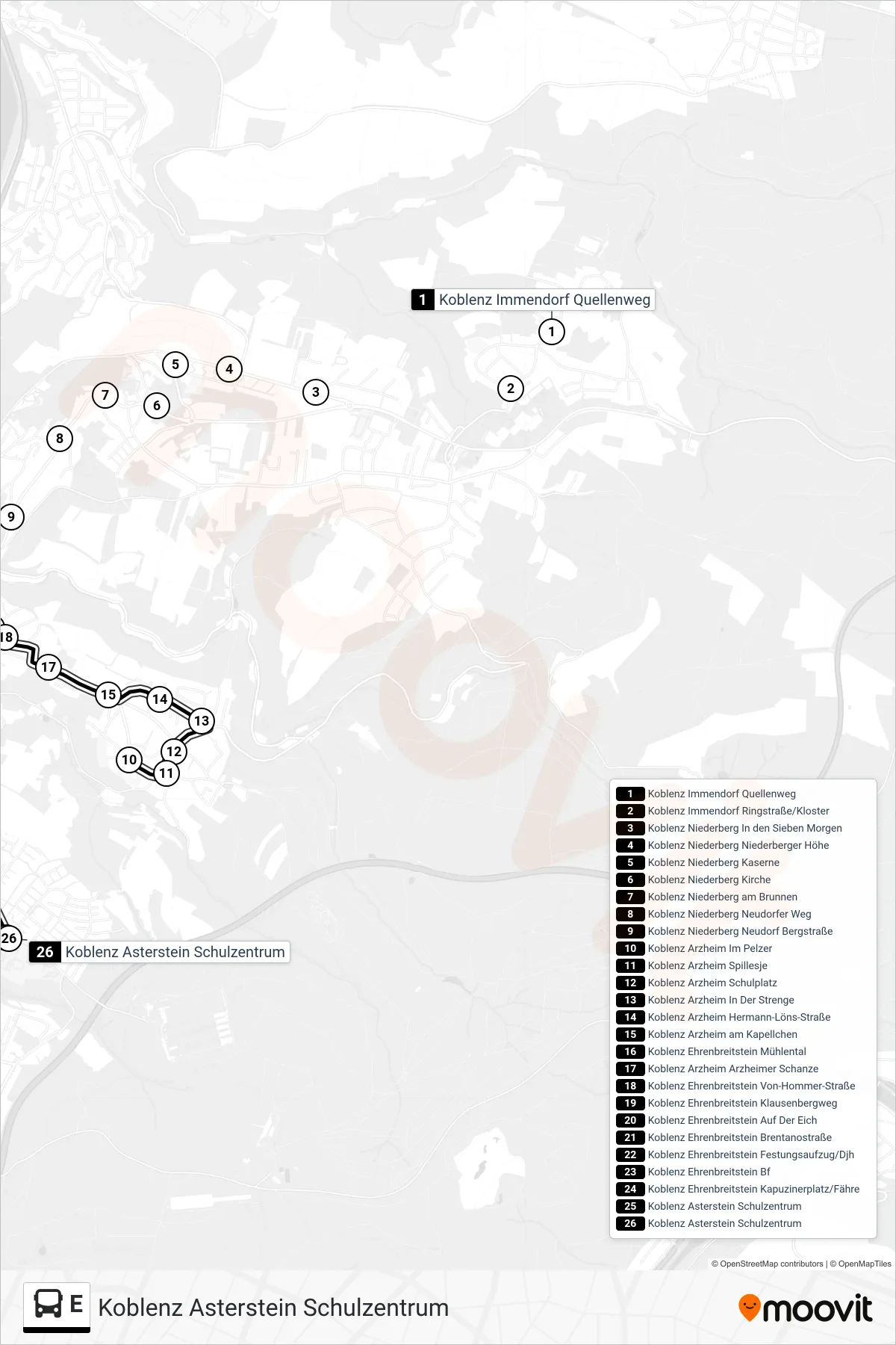 E bus Line (Koblenz Asterstein Schulzentrum) route and stops on a map