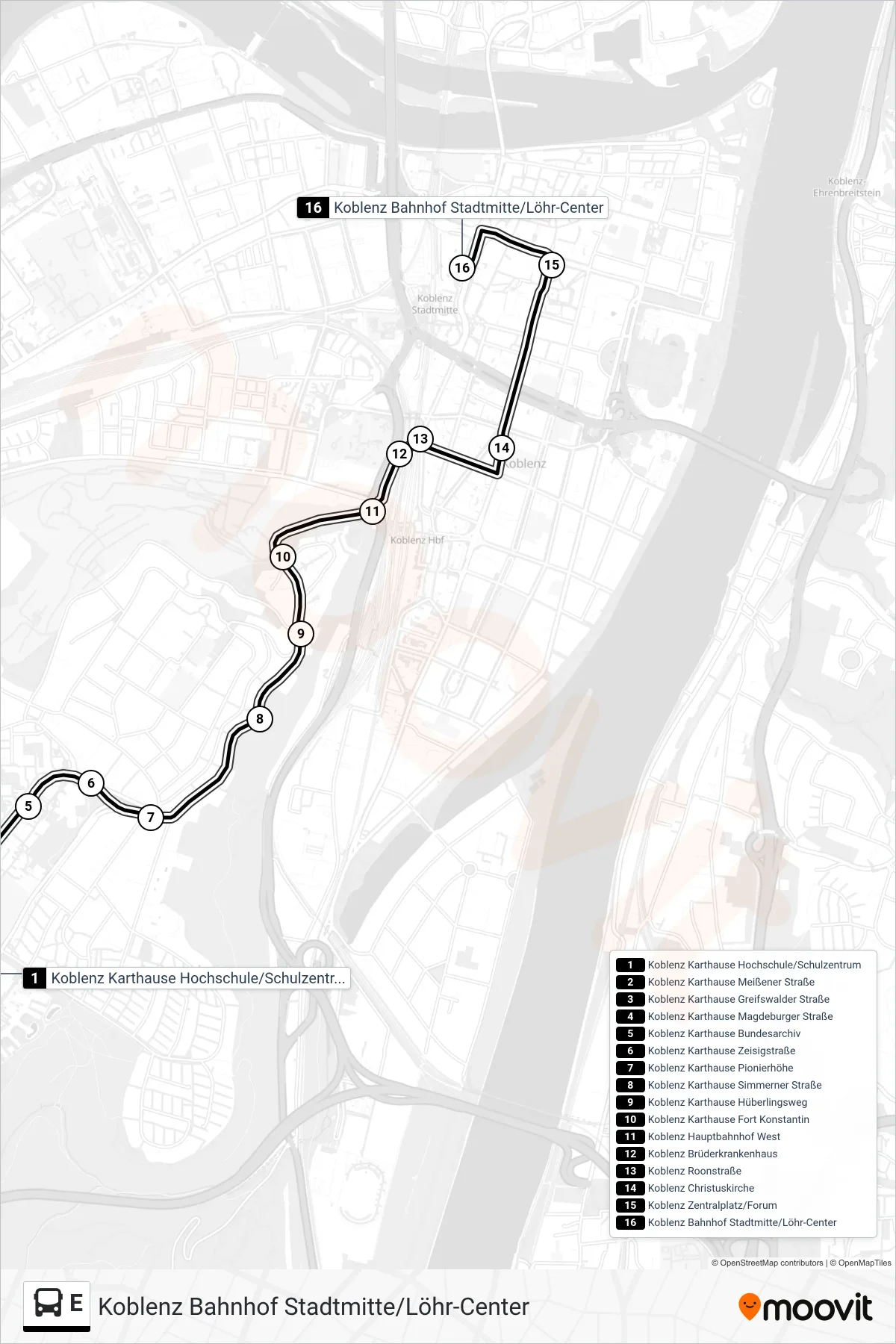 E bus Line (Koblenz Bahnhof Stadtmitte/Löhr-Center) route and stops on a map