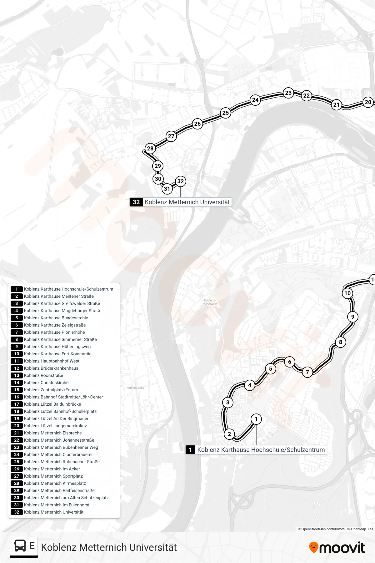 E bus Line (Koblenz Metternich Universität) route and stops on a map