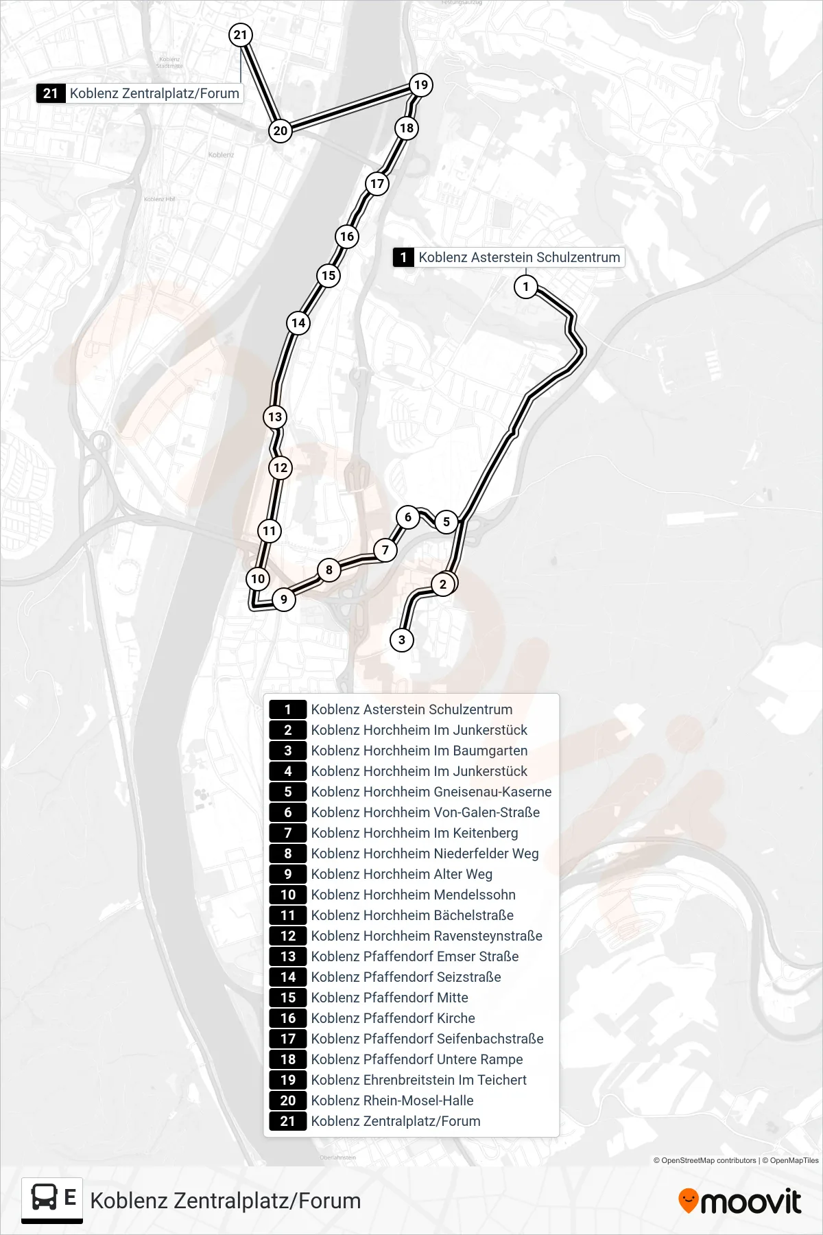E bus Line (Koblenz Zentralplatz/Forum) route and stops on a map