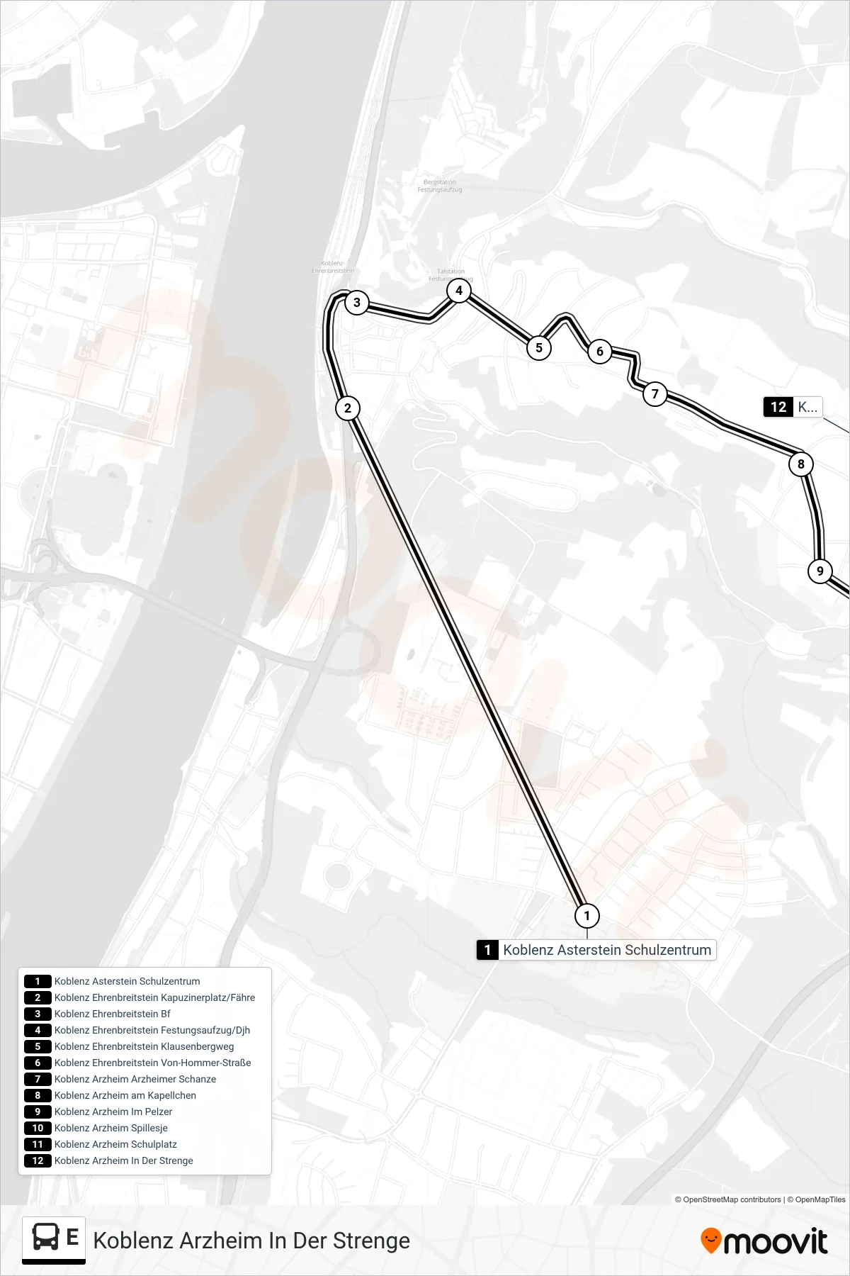 Linie E (Bus) Richtung Koblenz Arzheim In Der Strenge: Route und Haltestellen auf der Karte