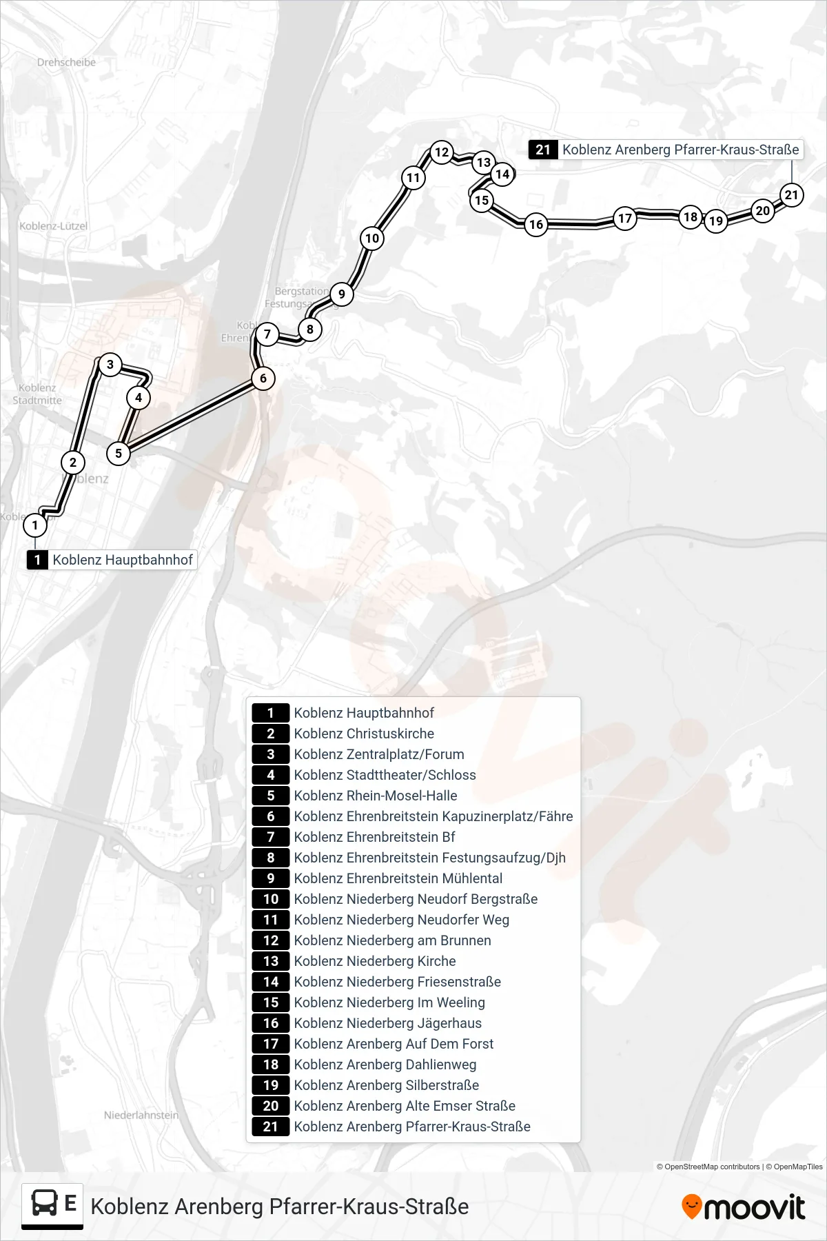 Linie E (Bus) Richtung Koblenz Arenberg Pfarrer-Kraus-Straße: Route und Haltestellen auf der Karte