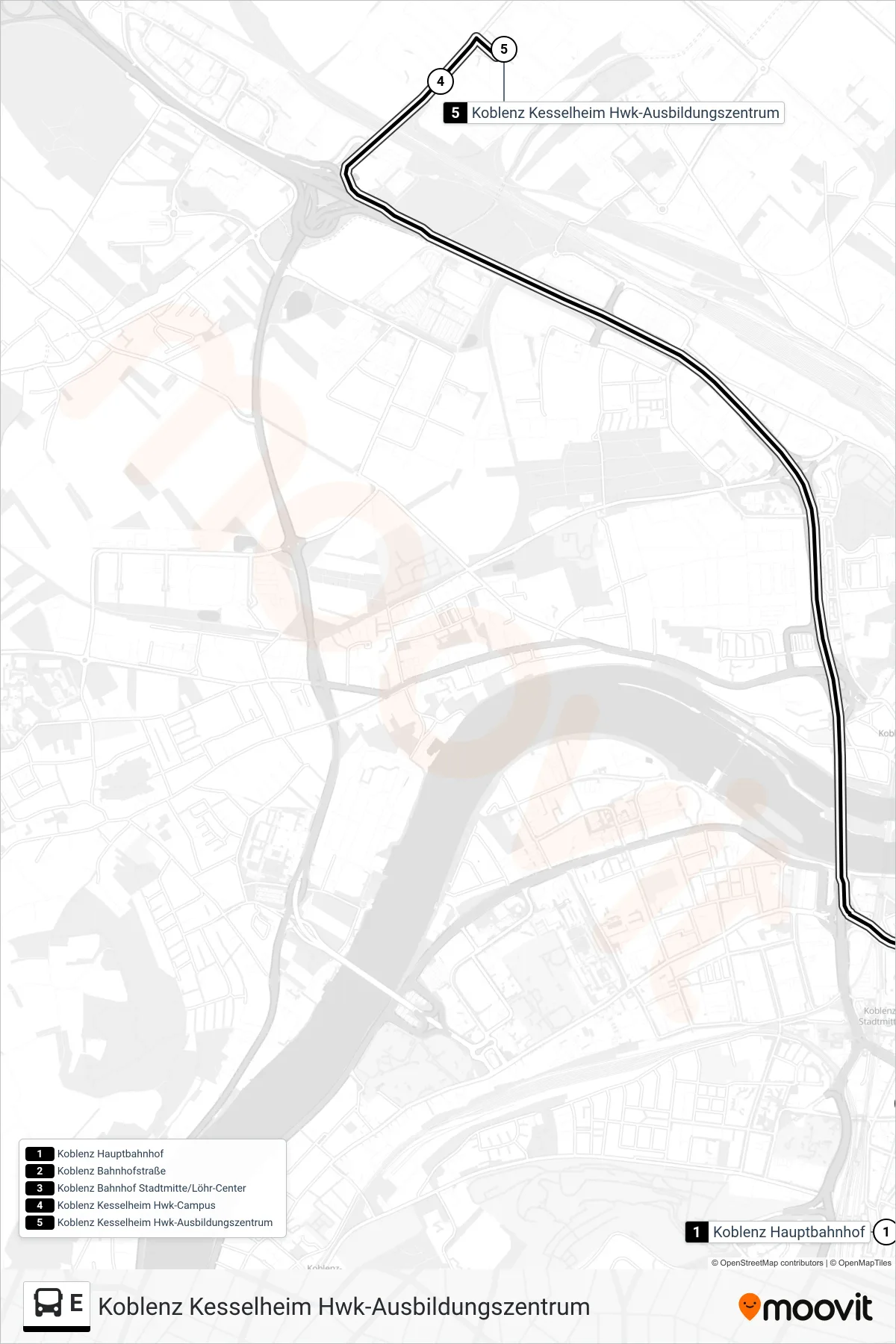 Linie E (Bus) Richtung Koblenz Kesselheim Hwk-Ausbildungszentrum: Route und Haltestellen auf der Karte