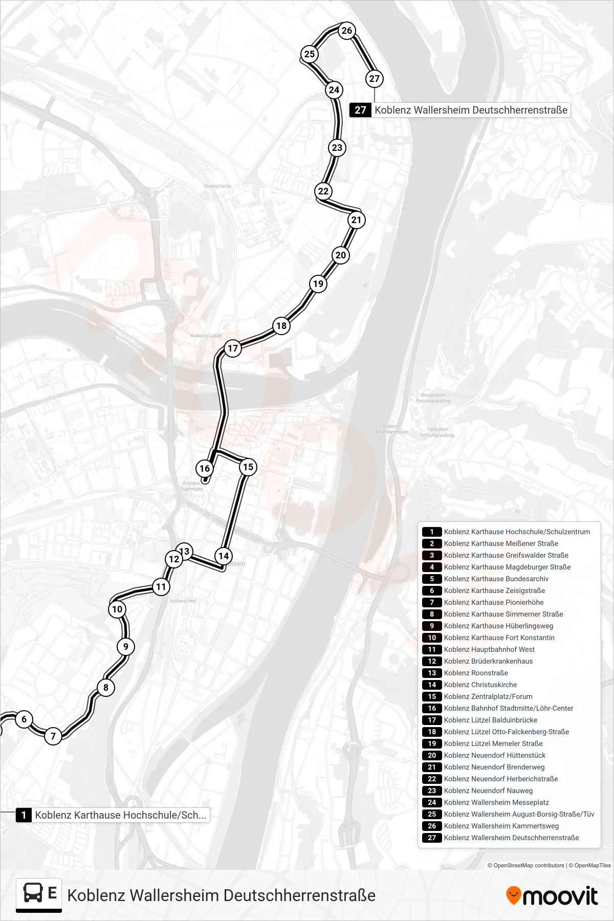 E bus Line (Koblenz Wallersheim Deutschherrenstraße) route and stops on a map