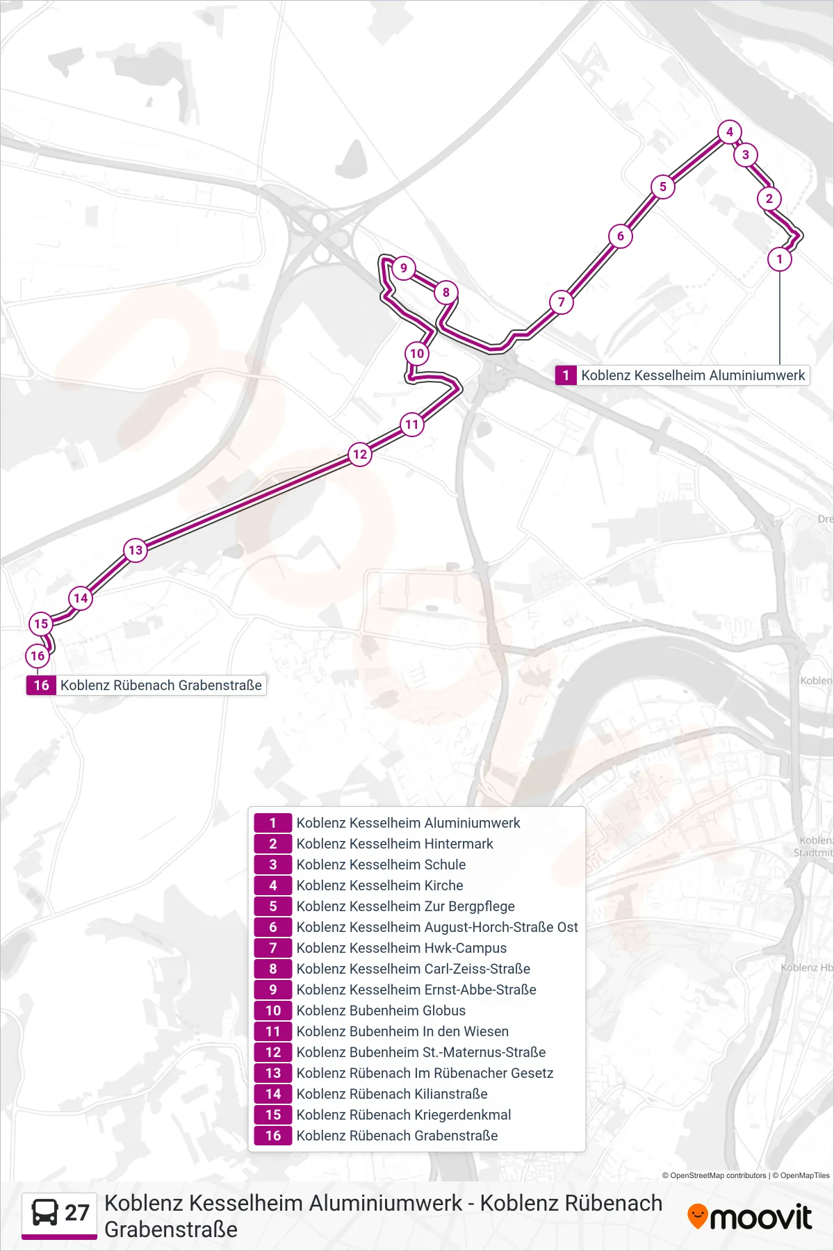 Linie 27 (Bus) Richtung Koblenz Rübenach Grabenstraße: Route und Haltestellen auf der Karte