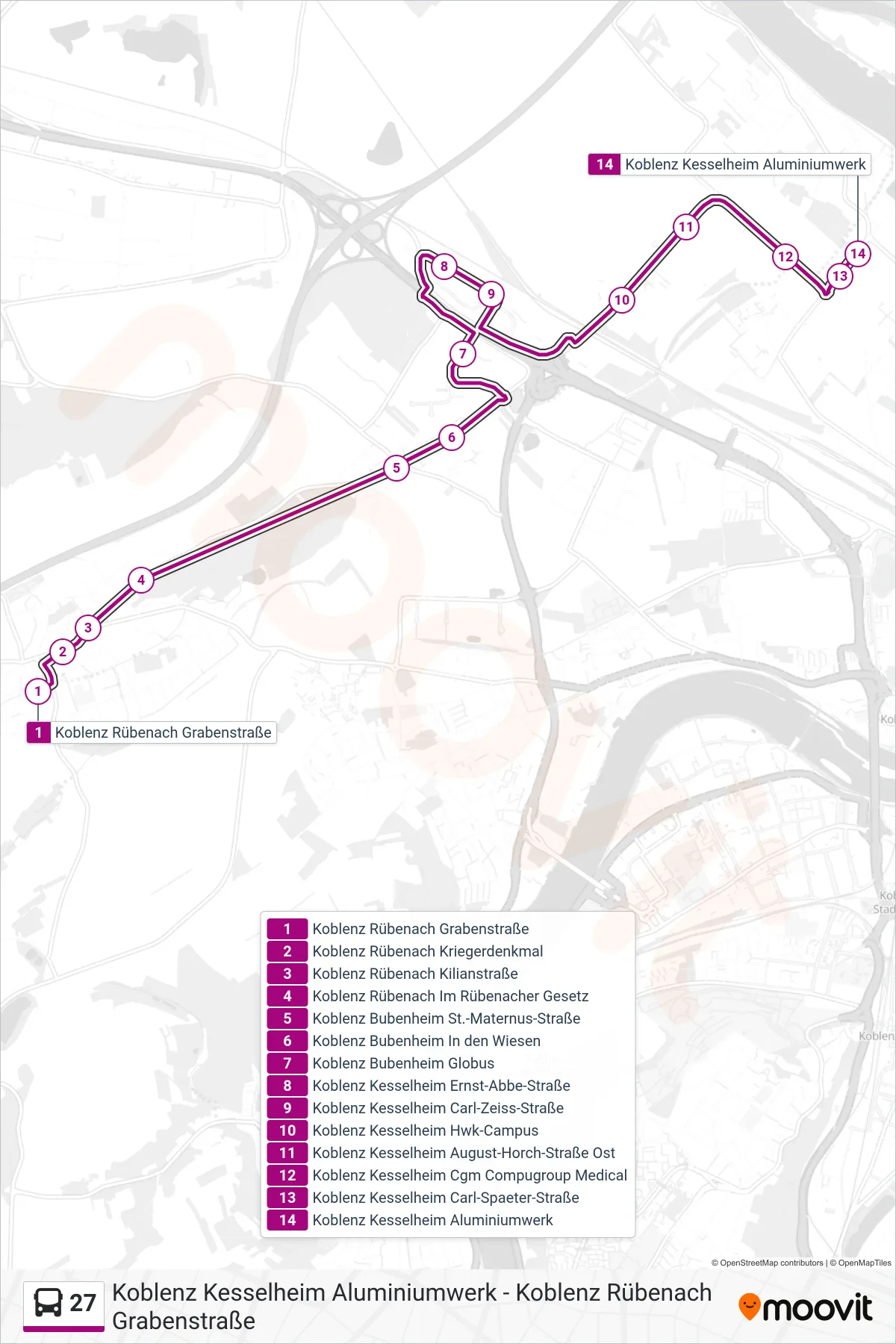 27 bus Line (Koblenz Kesselheim Aluminiumwerk) route and stops on a map